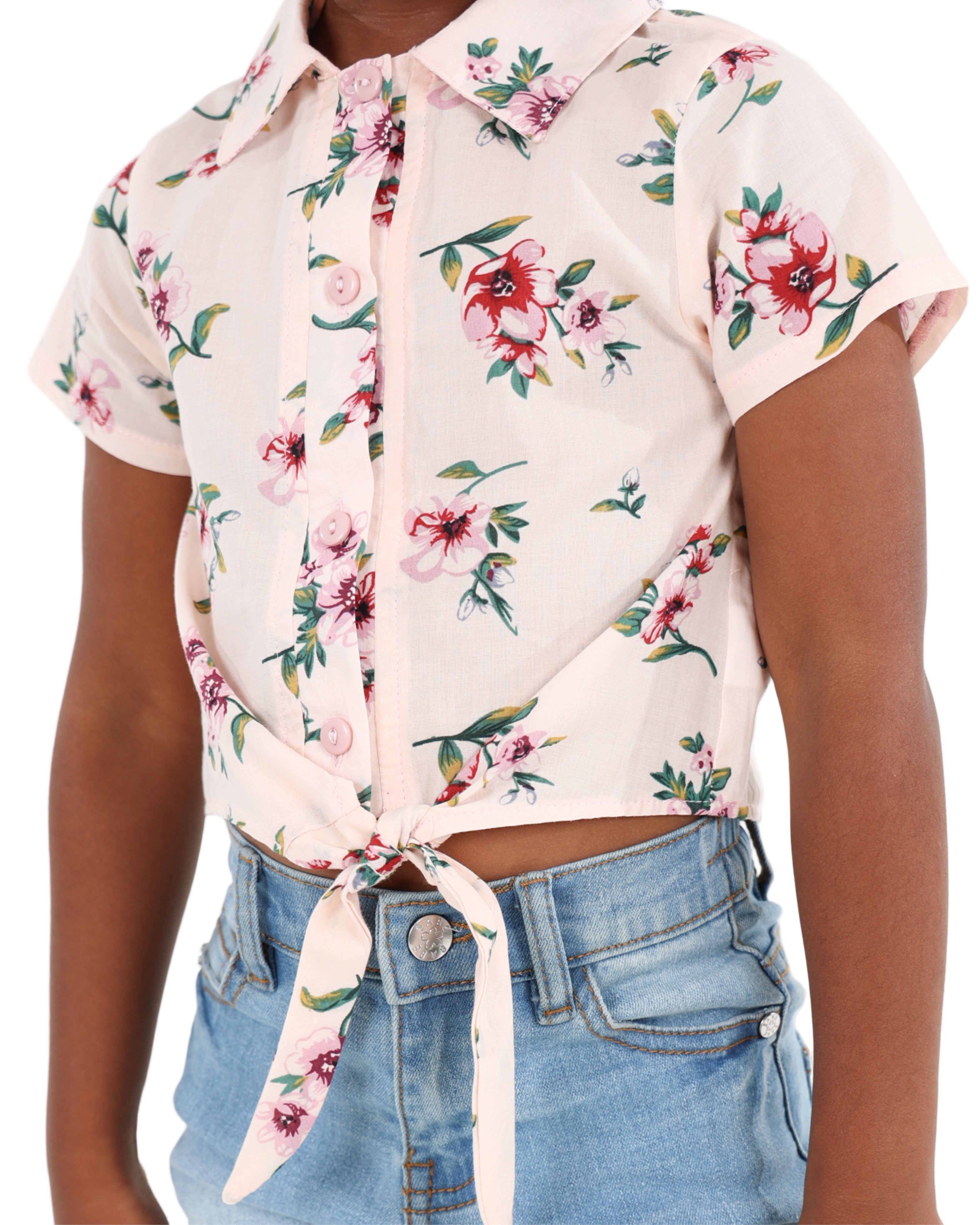 Short Sleeve Floral Button Up Tie Front Shirt