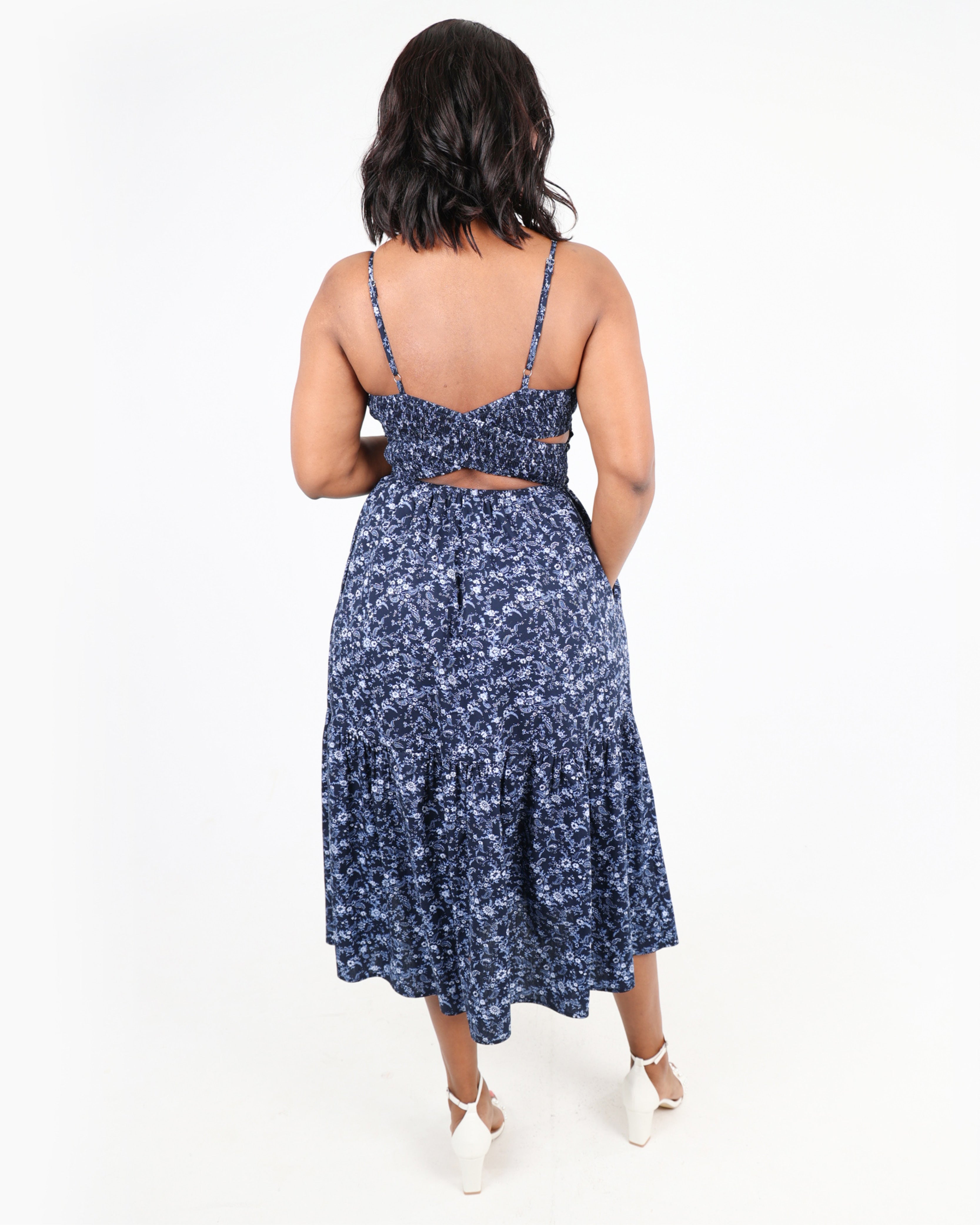Cut Out Strappy Floral Print Midi Dress