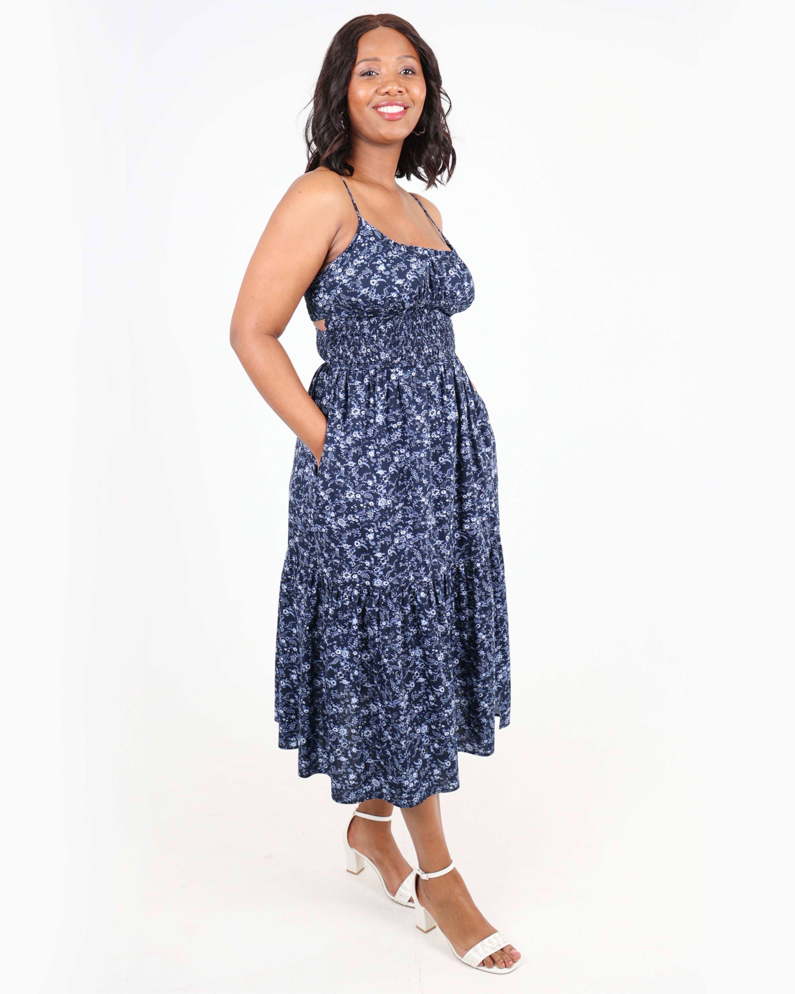 Cut Out Strappy Floral Print Midi Dress