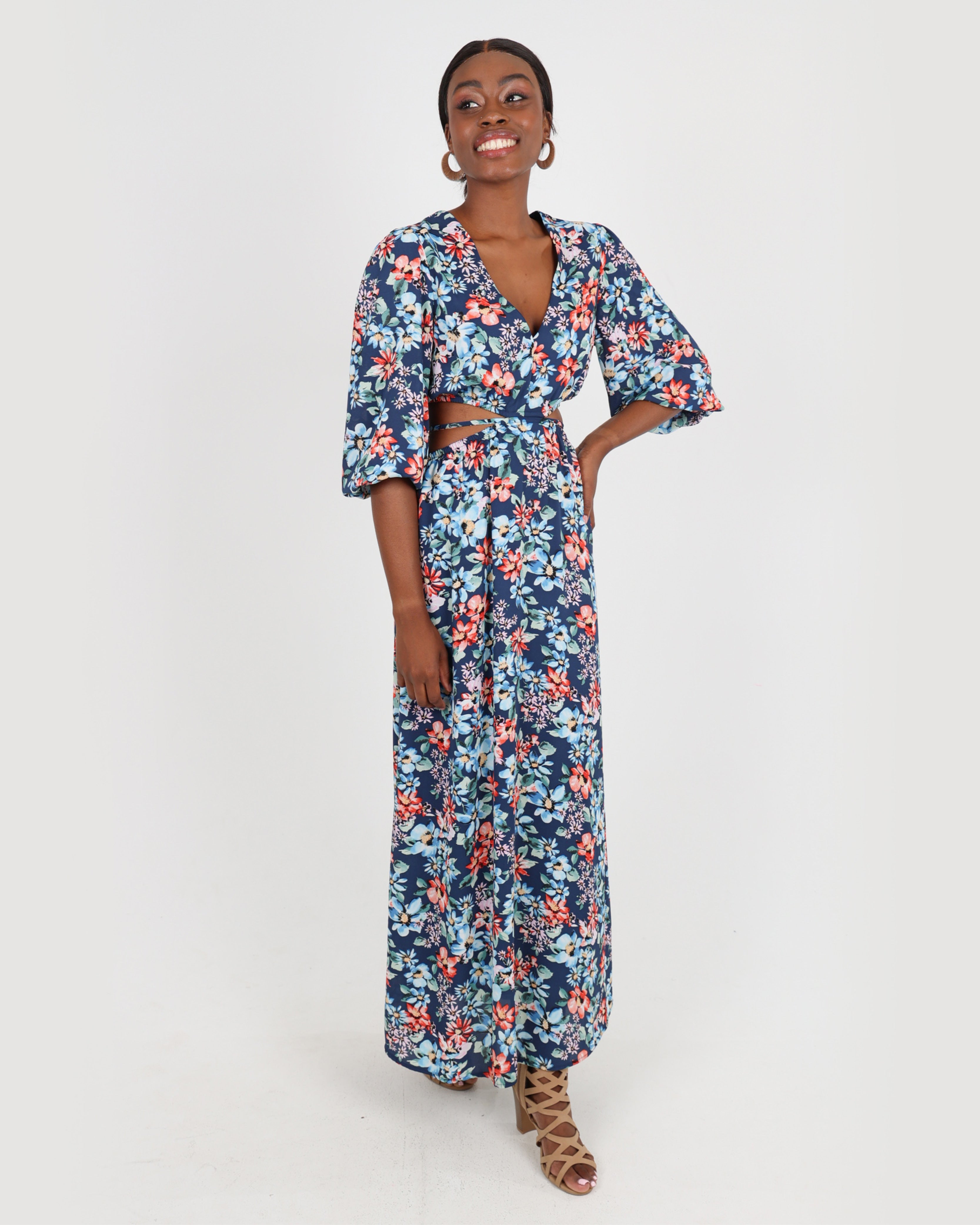Short Sleeve Floral Print Cut Out Maxi Dress