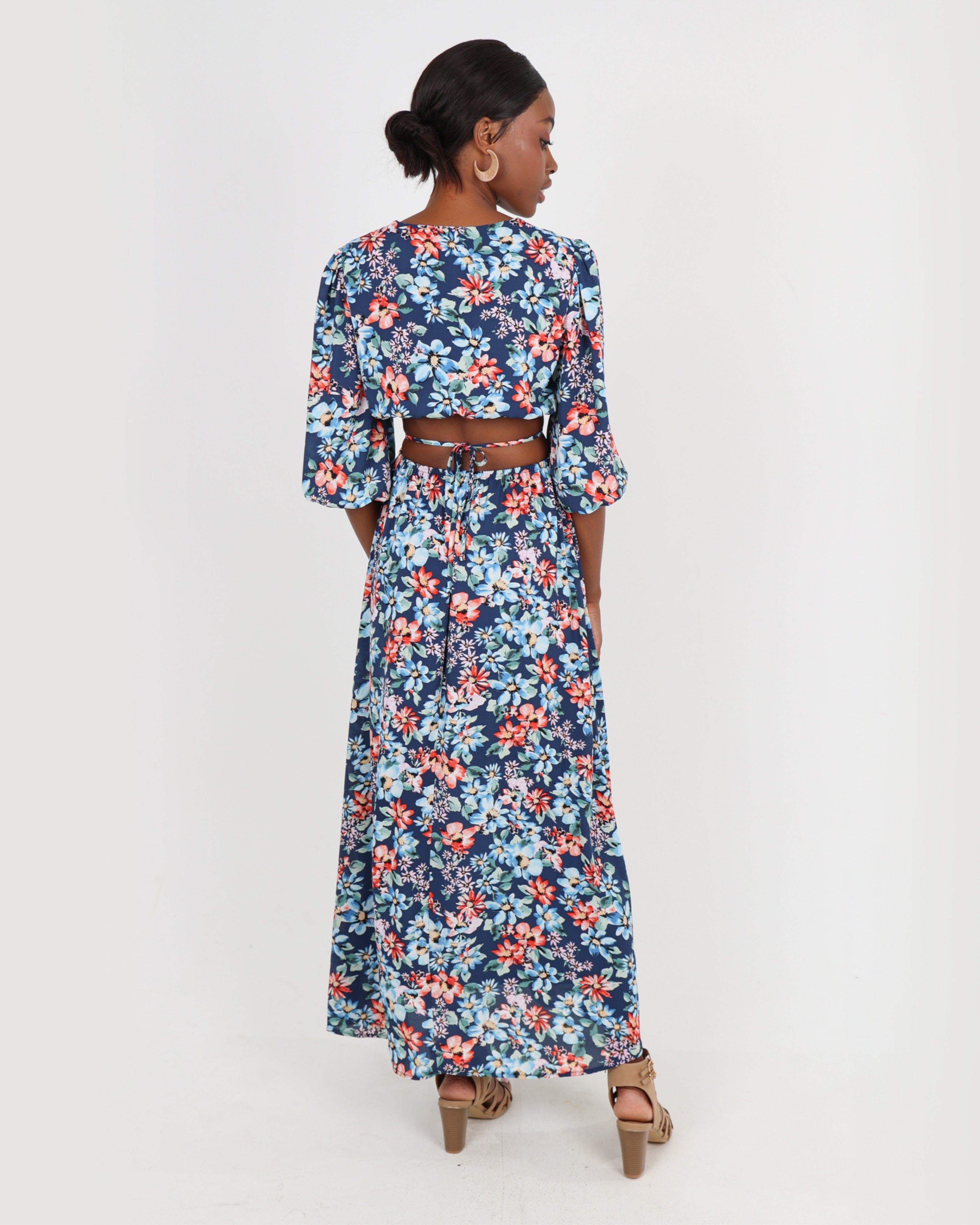 Short Sleeve Floral Print Cut Out Maxi Dress