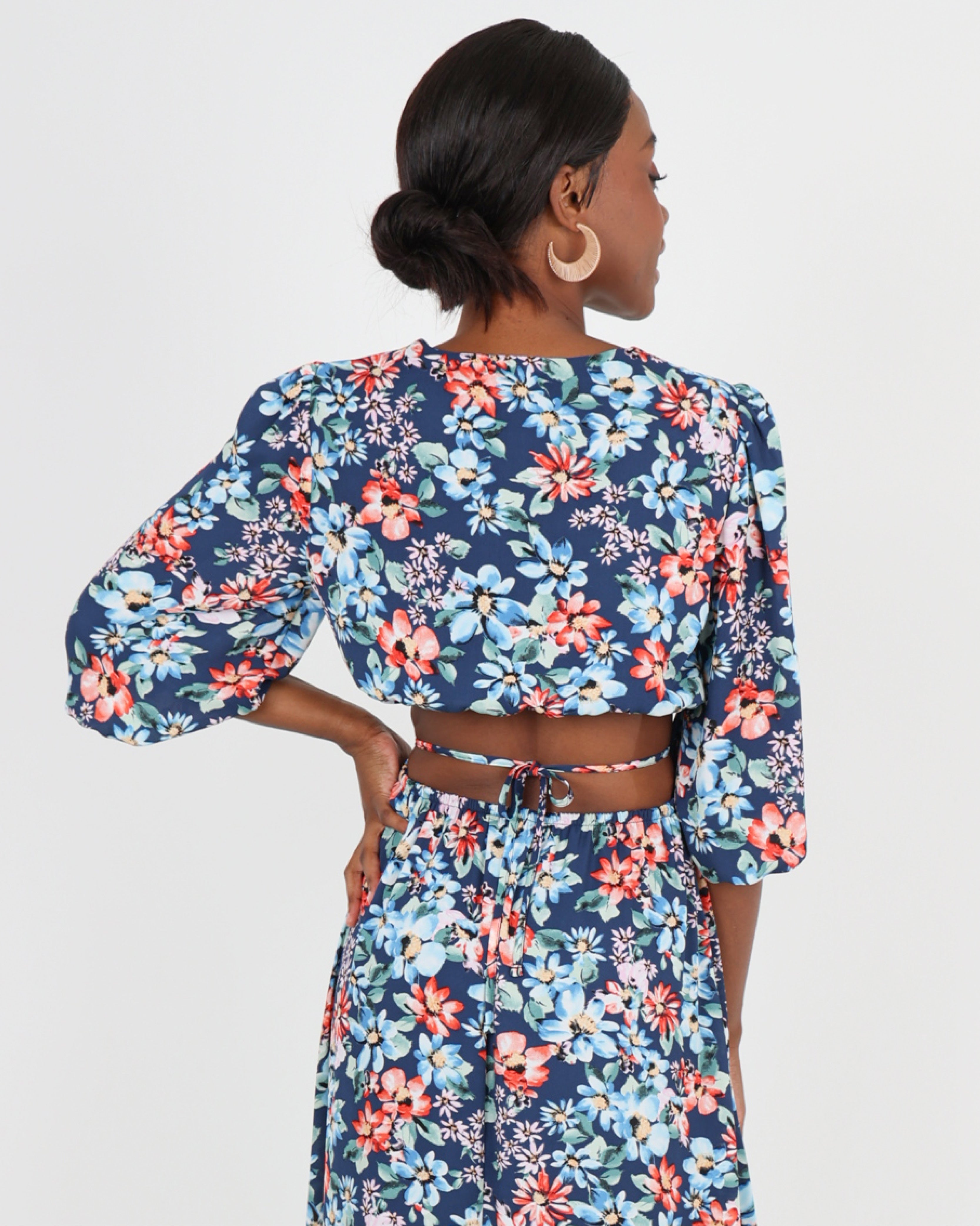 Short Sleeve Floral Print Cut Out Maxi Dress