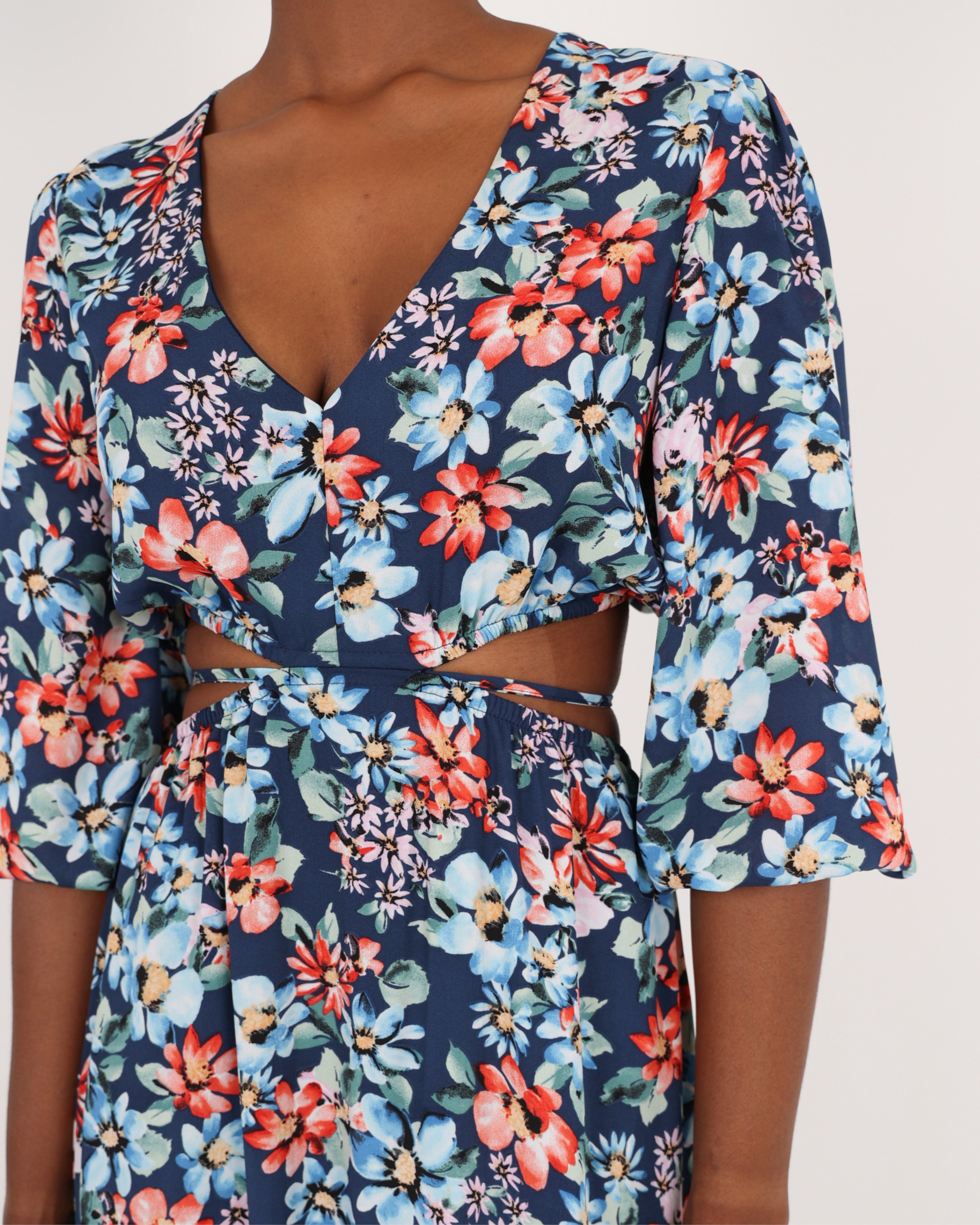 Short Sleeve Floral Print Cut Out Maxi Dress