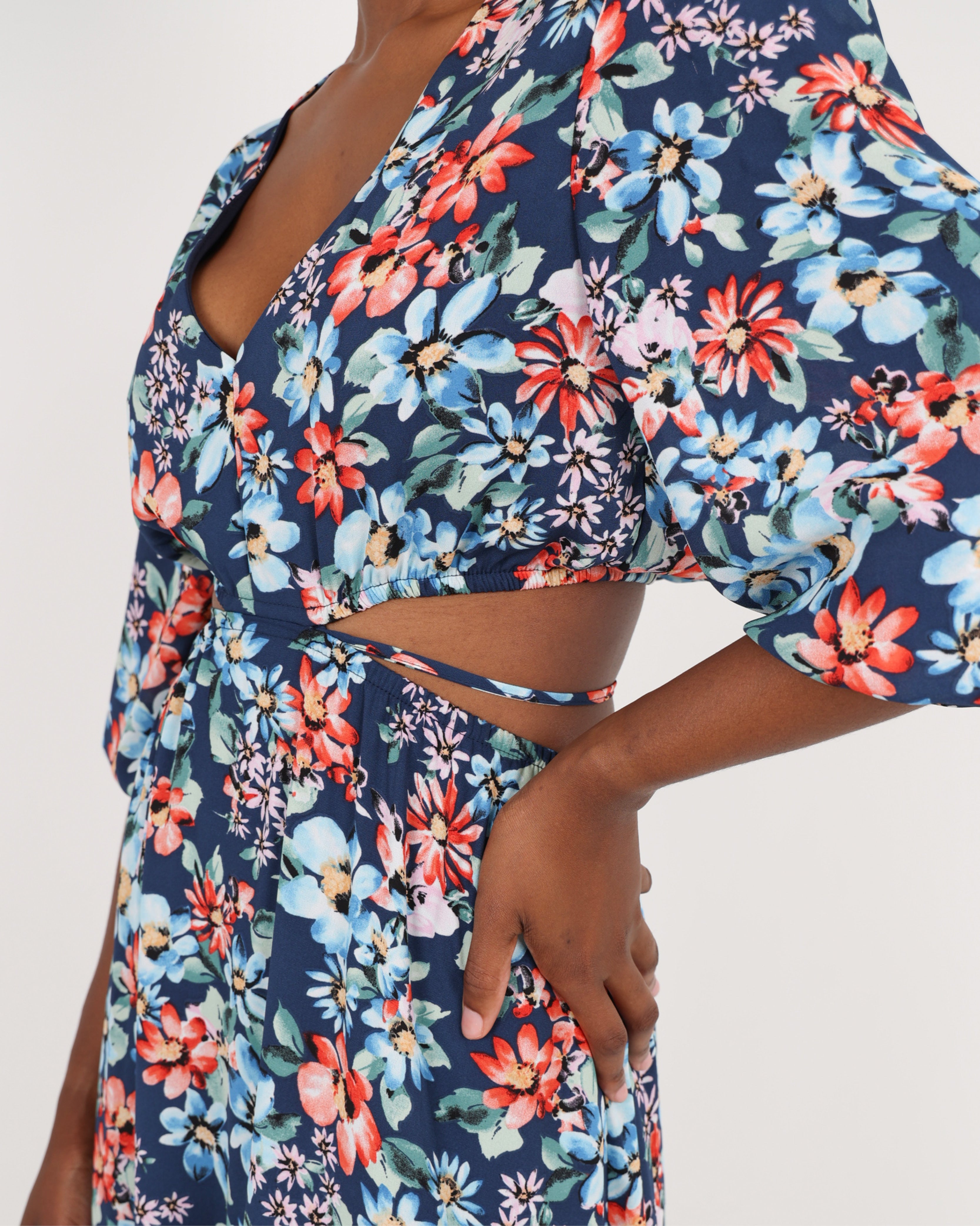 Short Sleeve Floral Print Cut Out Maxi Dress