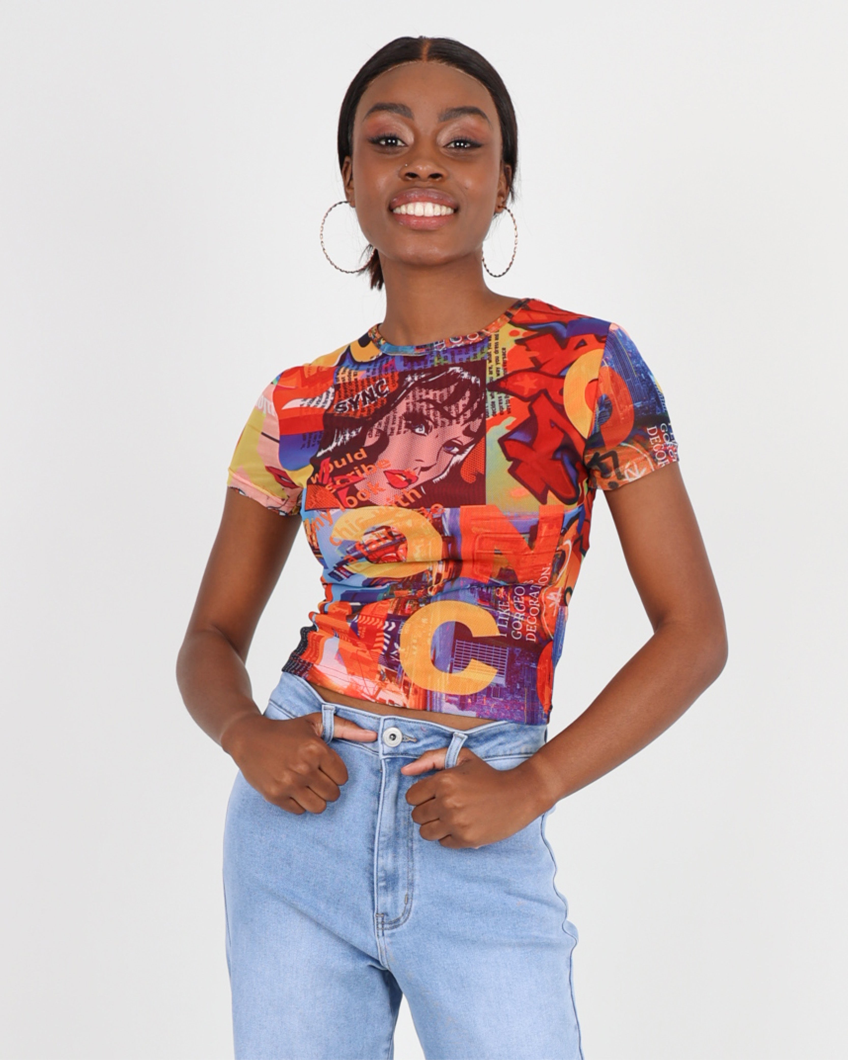 Short Sleeve Graphic Print Mesh Top