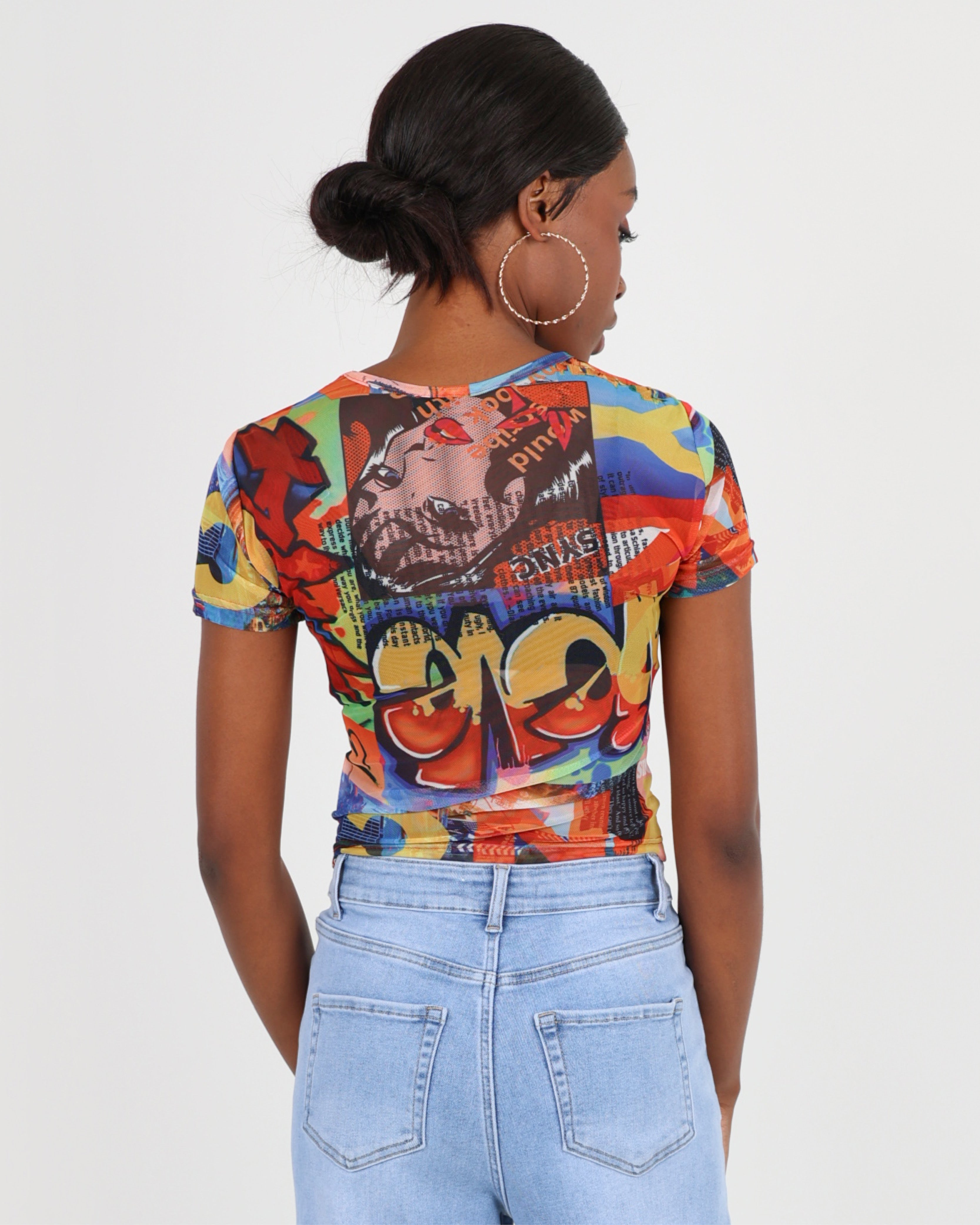 Short Sleeve Graphic Print Mesh Top