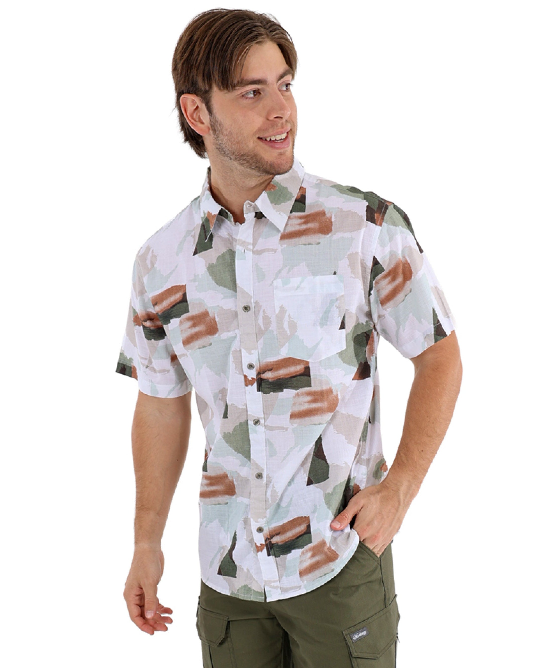 Short Sleeve Cotton Slub Green Abstract Print