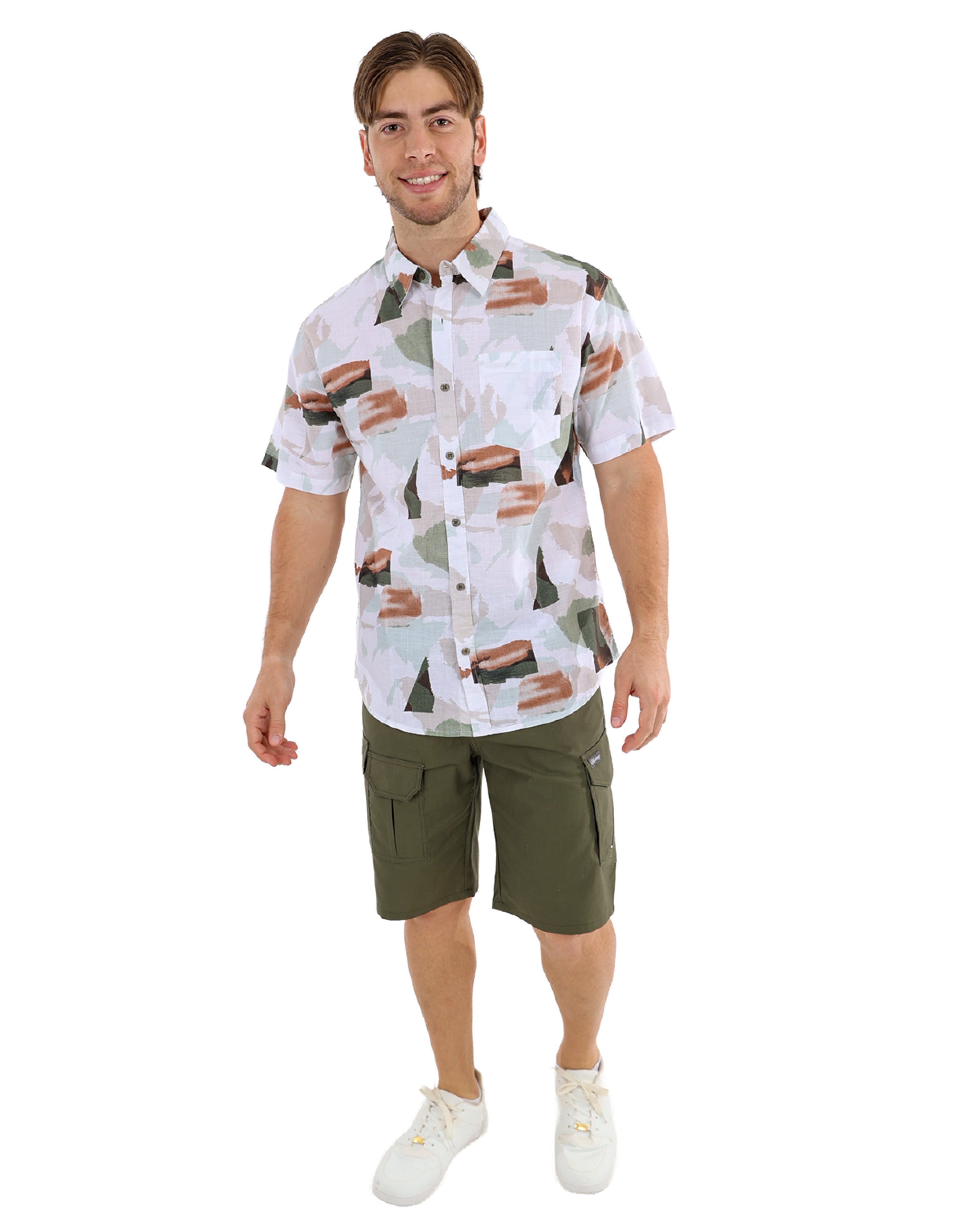 Short Sleeve Cotton Slub Green Abstract Print