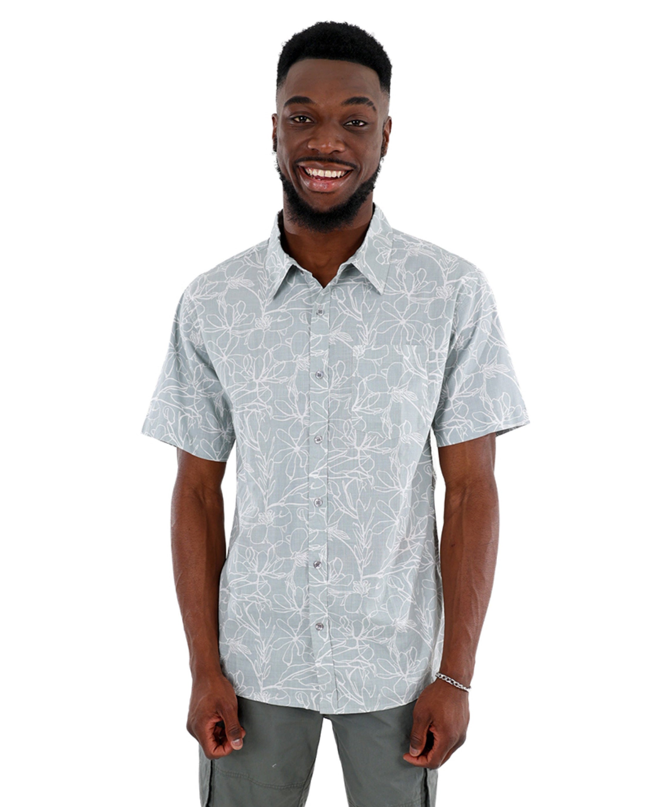 Short Sleeve Grey Floral Print Cotton Slub Shirt