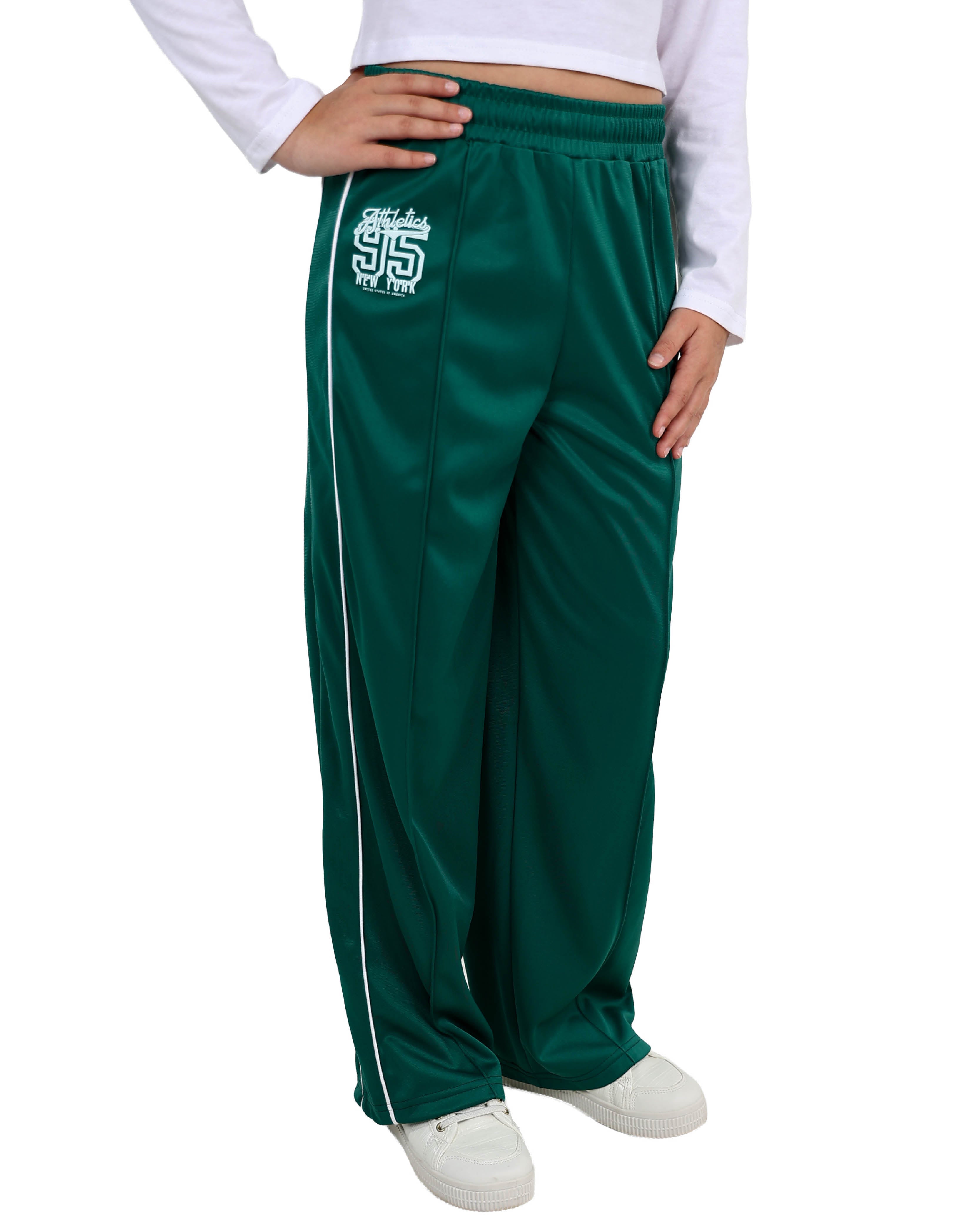 Wide Leg Green Active Pant With Piping