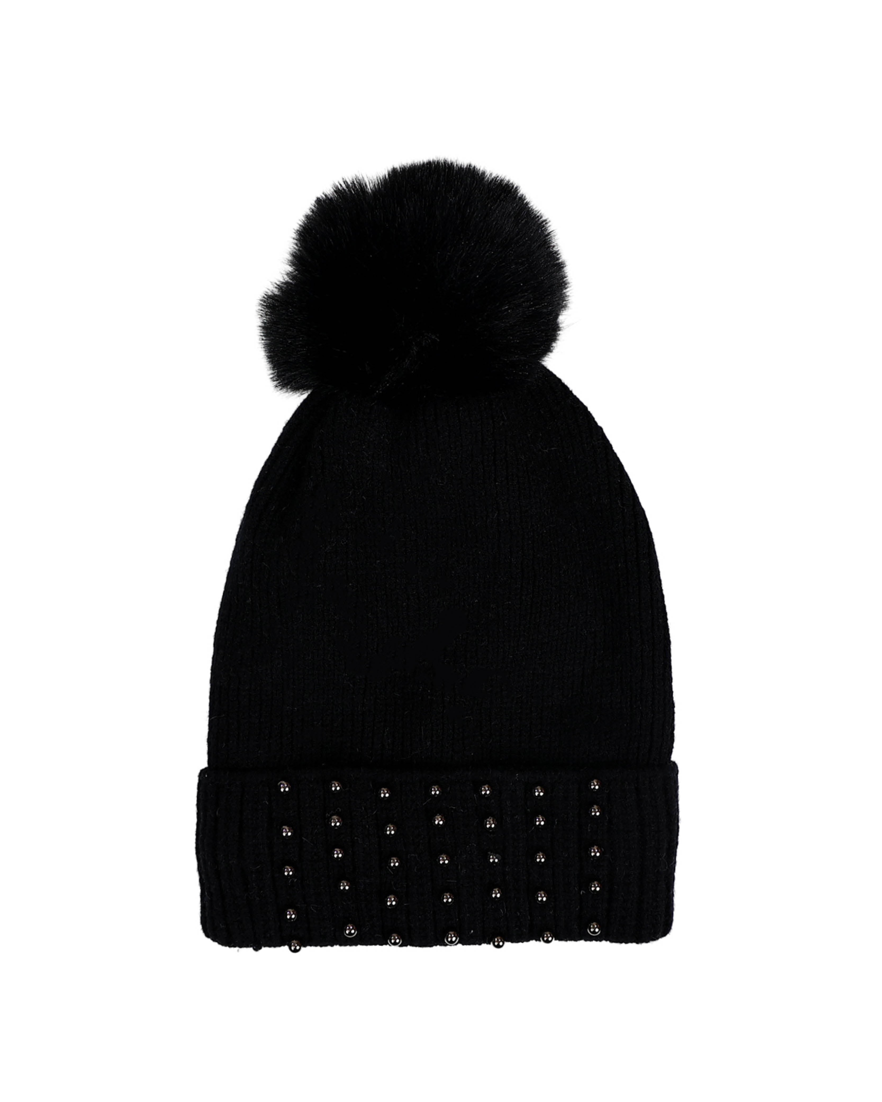 Black Decorative Pearl Pompom Beanie