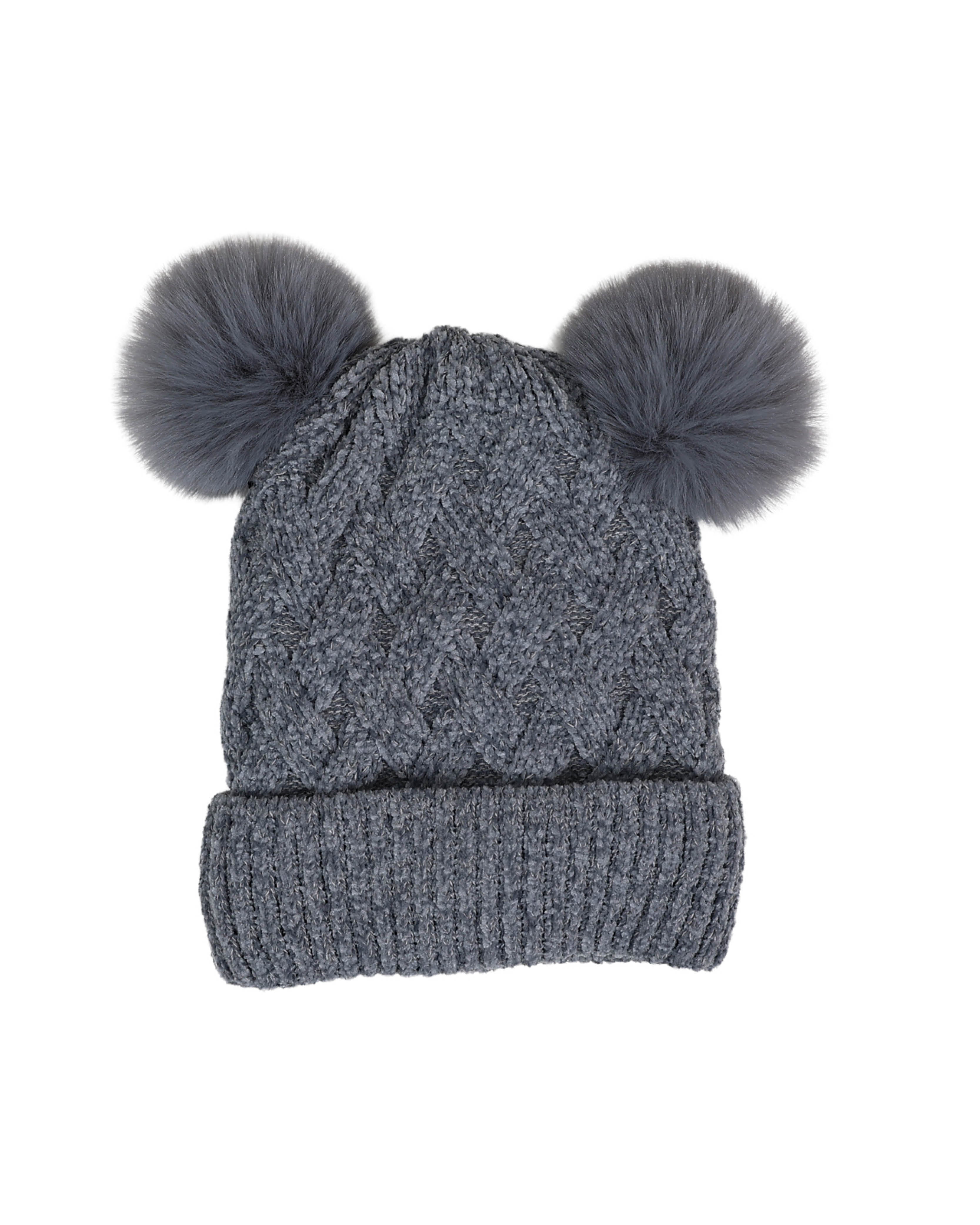 Grey Chenille Double Pompom Beanie