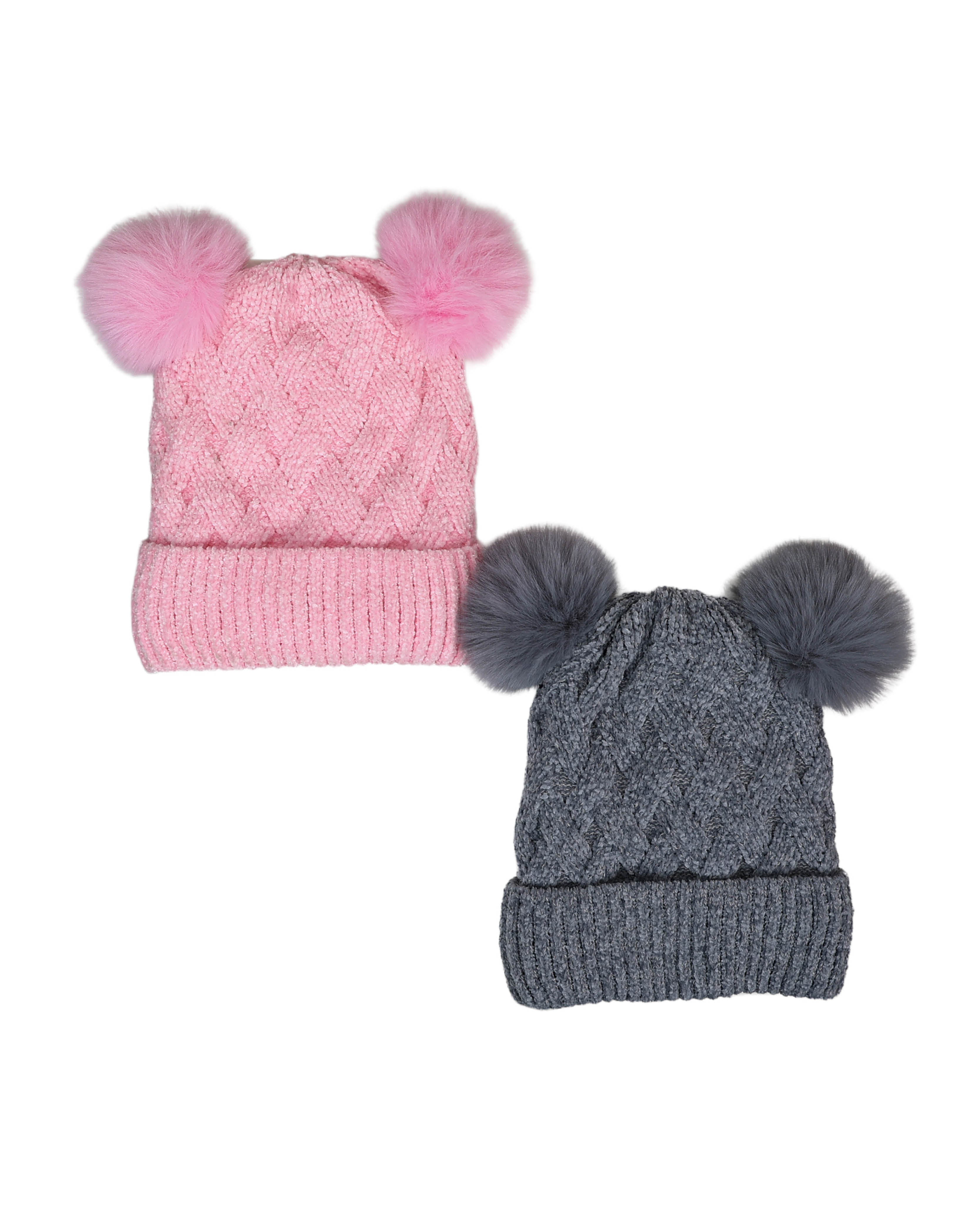 Grey Chenille Double Pompom Beanie