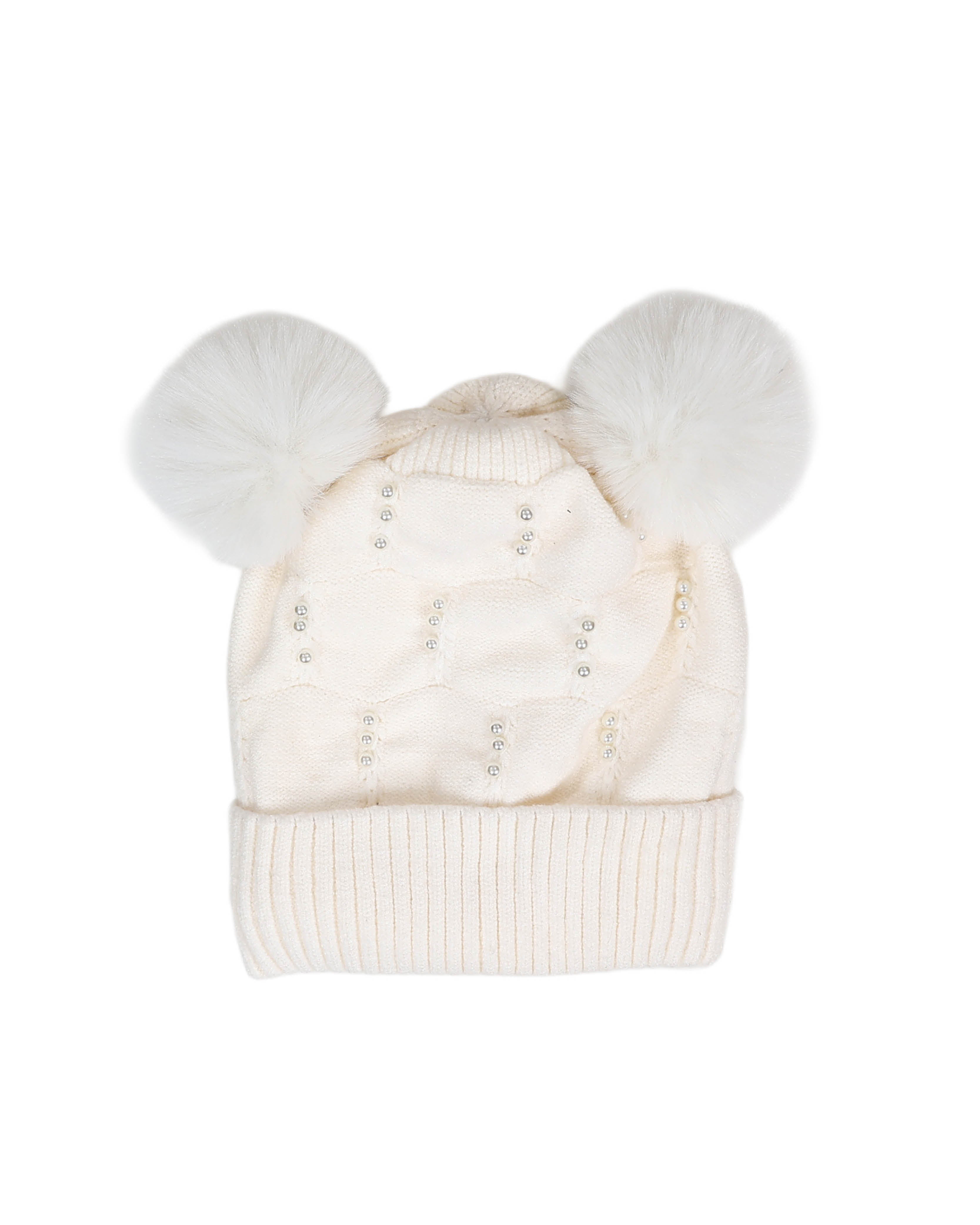White Cluster Pearl Double Pompom Beanie