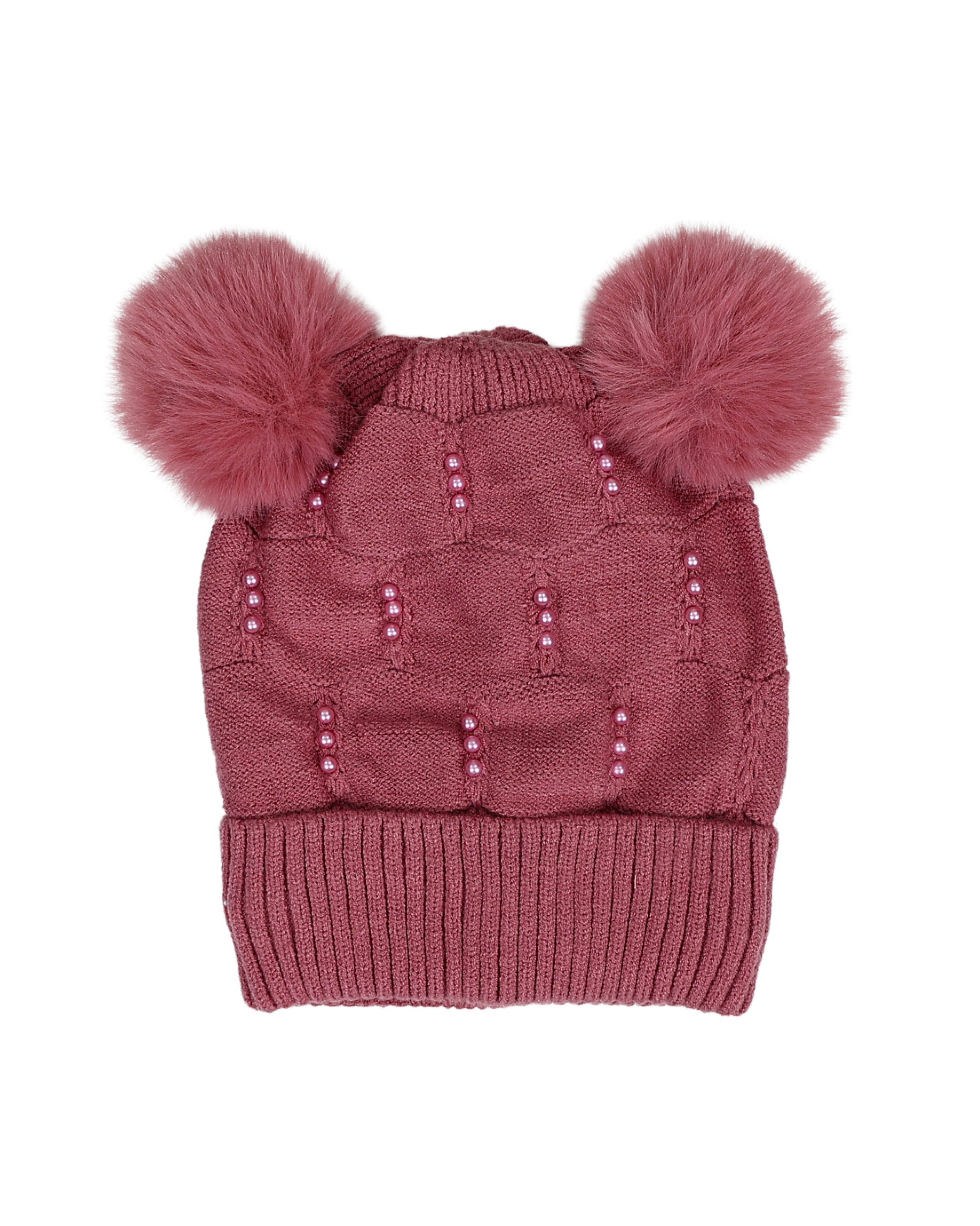 Pink Cluster Pearl Double Pompom Beanie