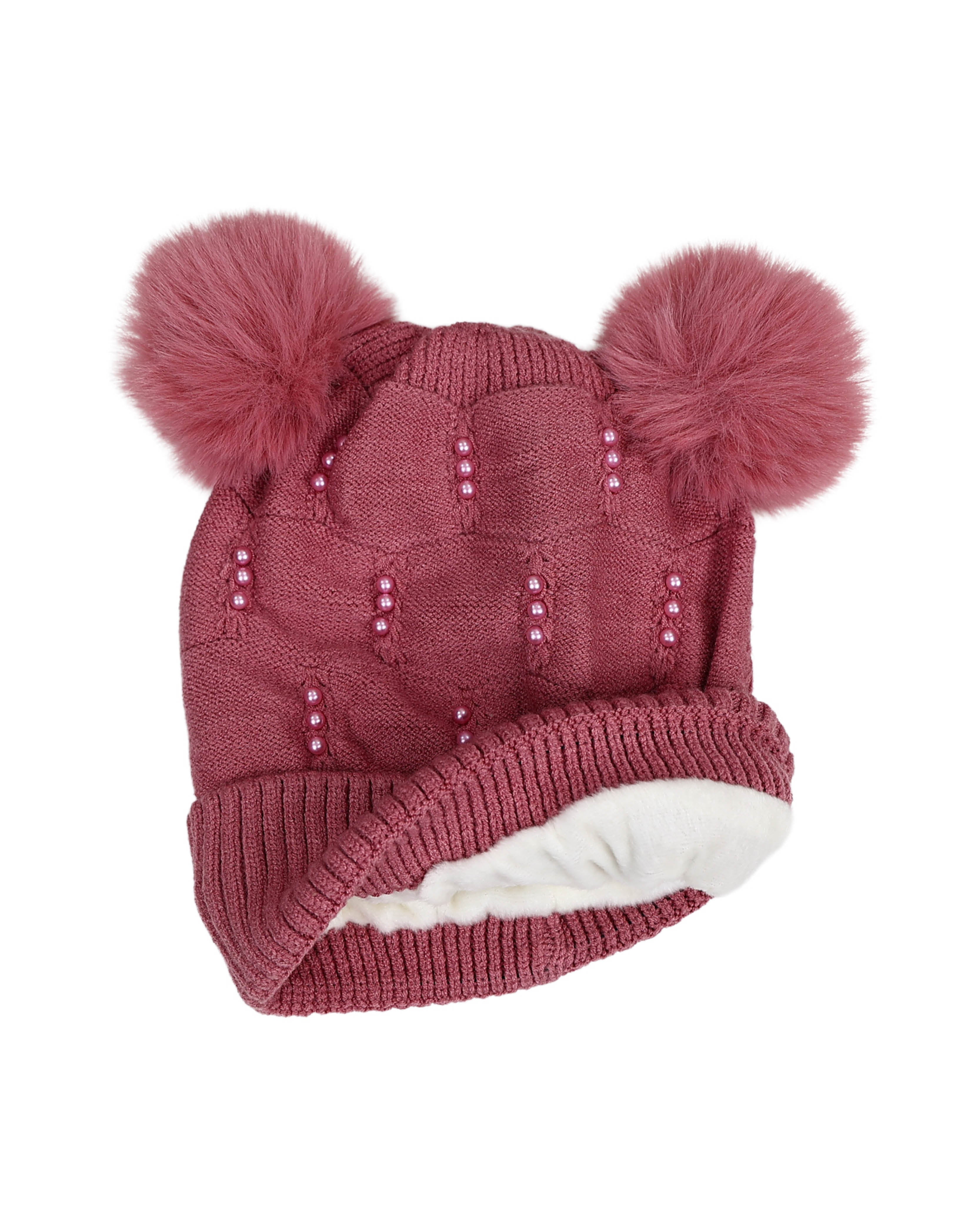 Pink Cluster Pearl Double Pompom Beanie