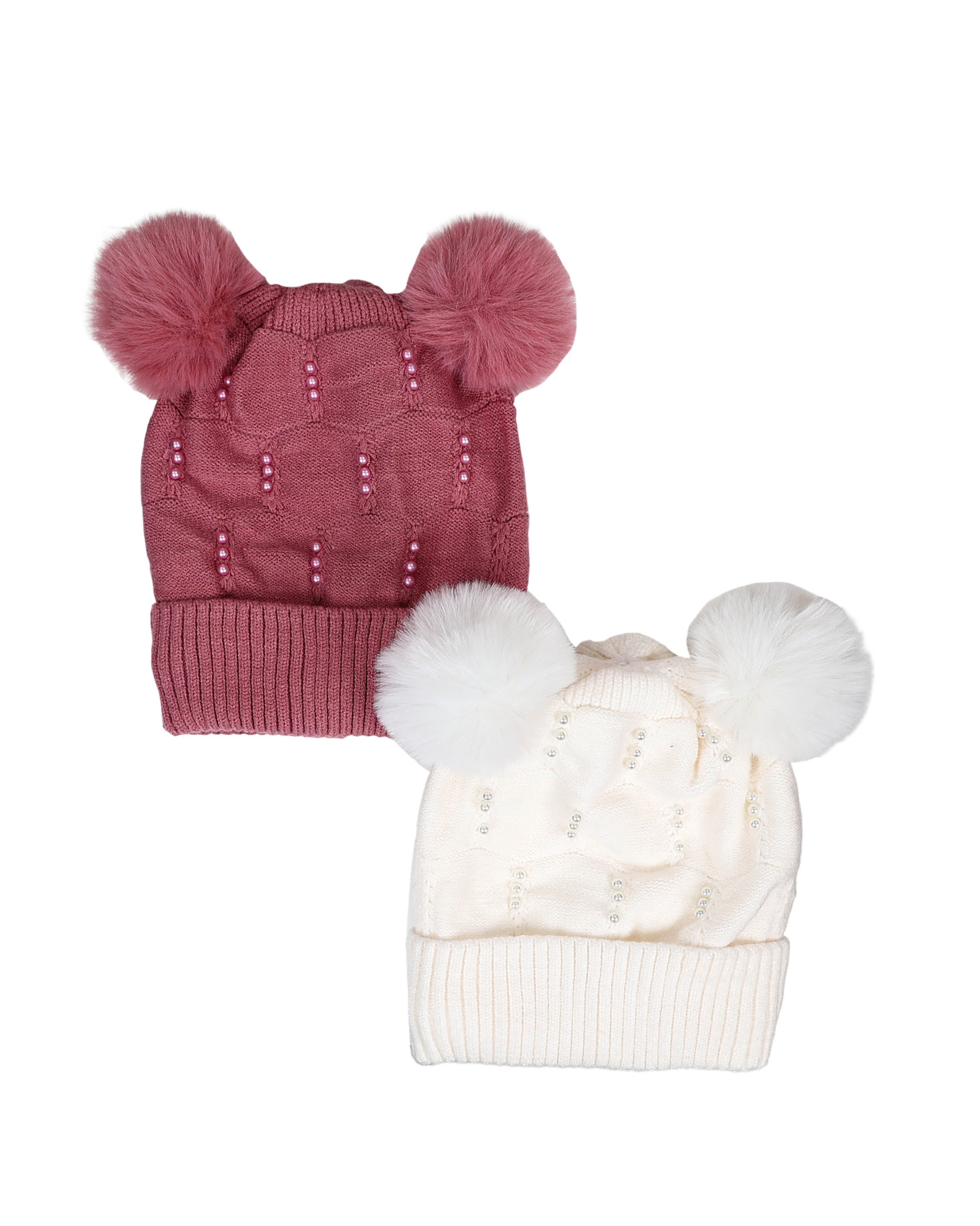 Pink Cluster Pearl Double Pompom Beanie