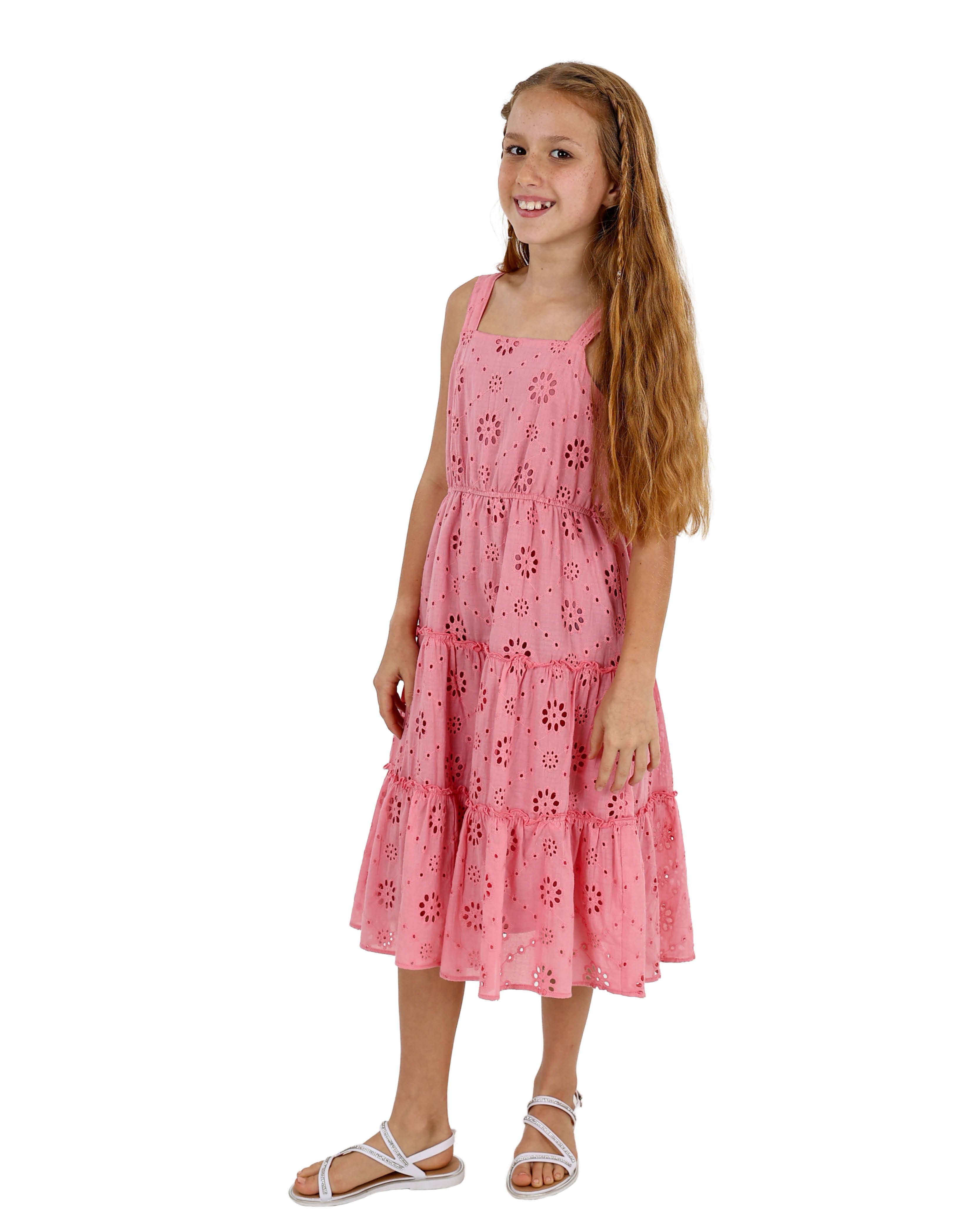 Strappy Pink Anglaise Tiered Midi Dress