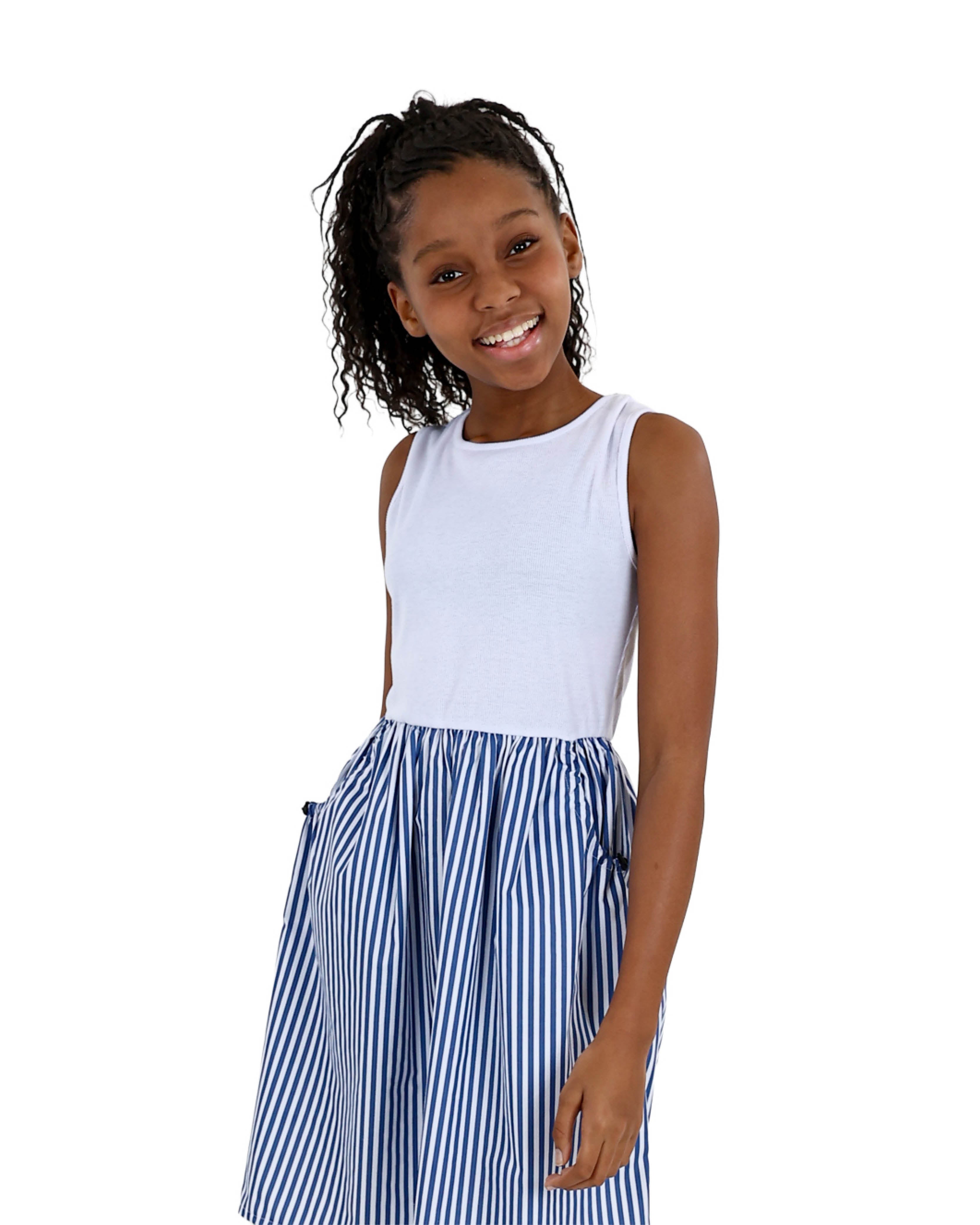 Sleeveless Blue Stripe Combo Knee Length Dress