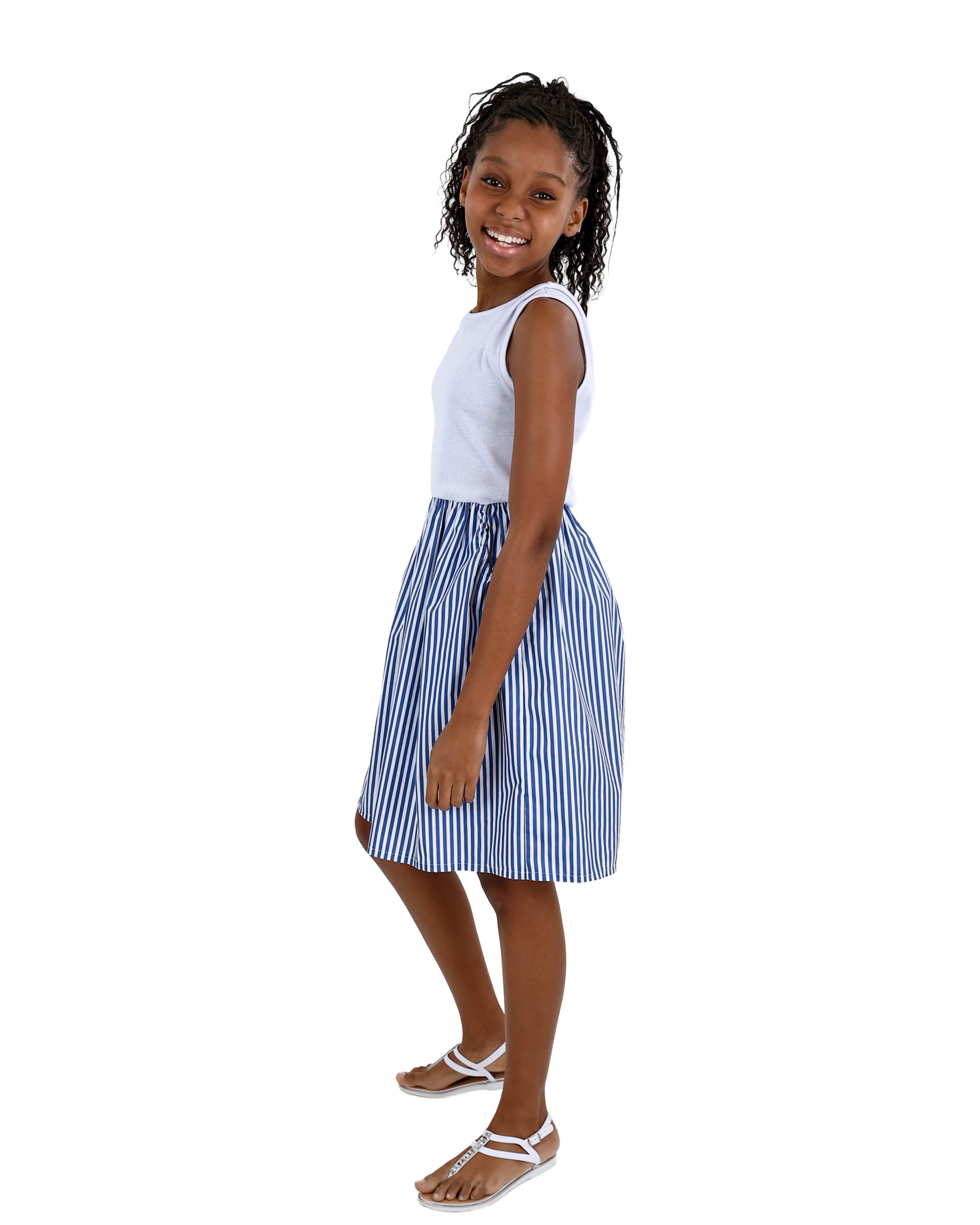 Sleeveless Blue Stripe Combo Knee Length Dress