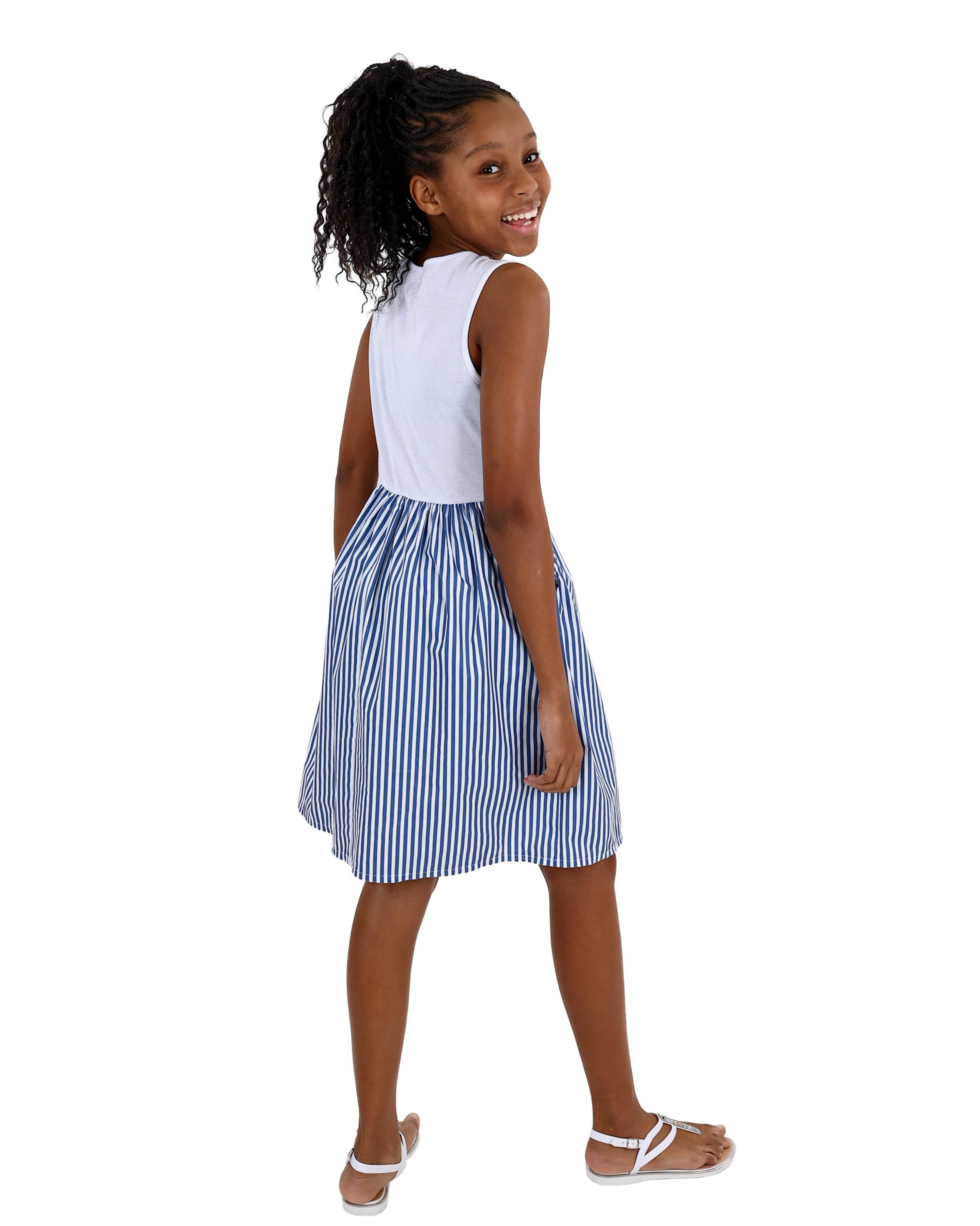 Sleeveless Blue Stripe Combo Knee Length Dress
