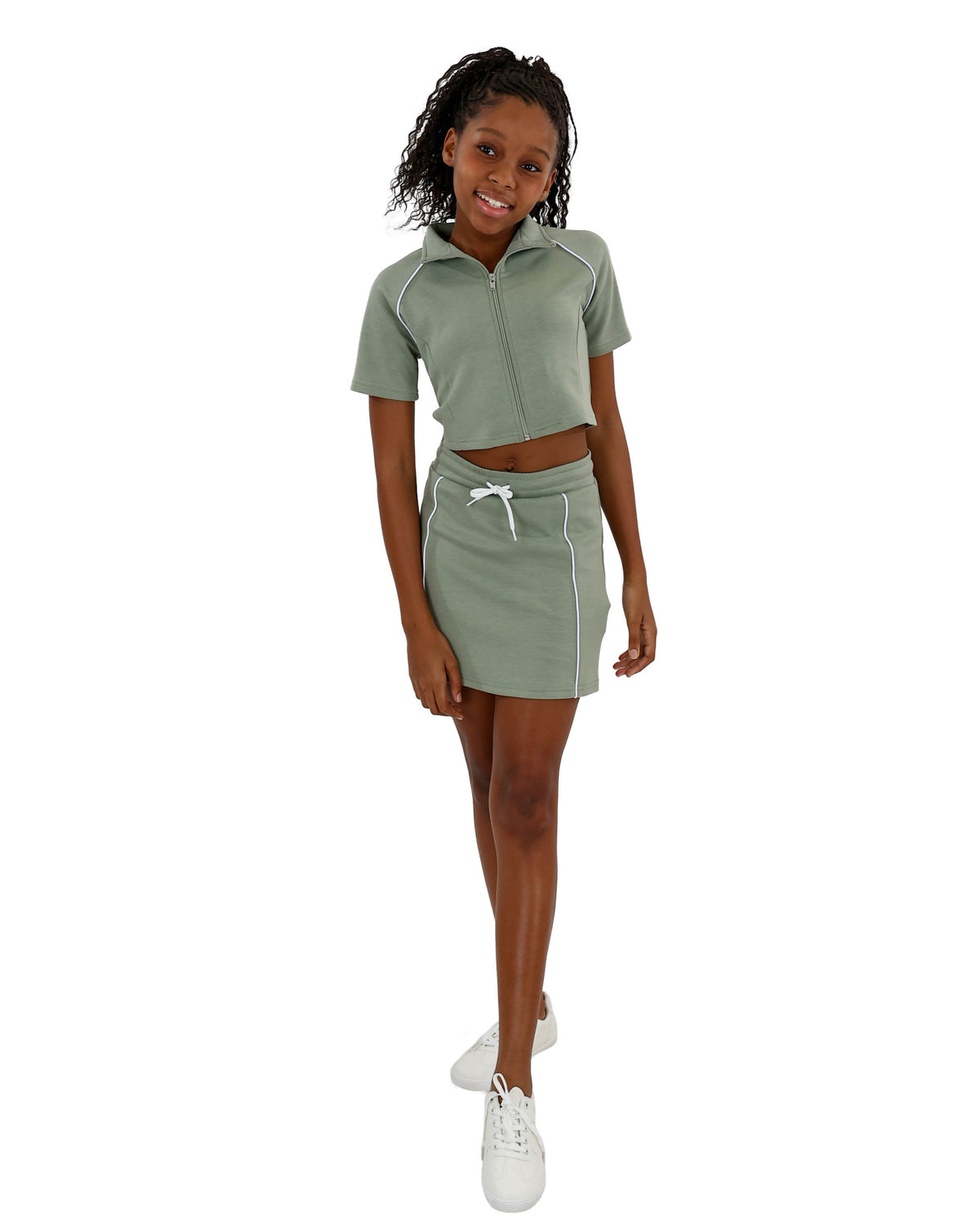 Sage Sporty Mini Skirt With Piping Details