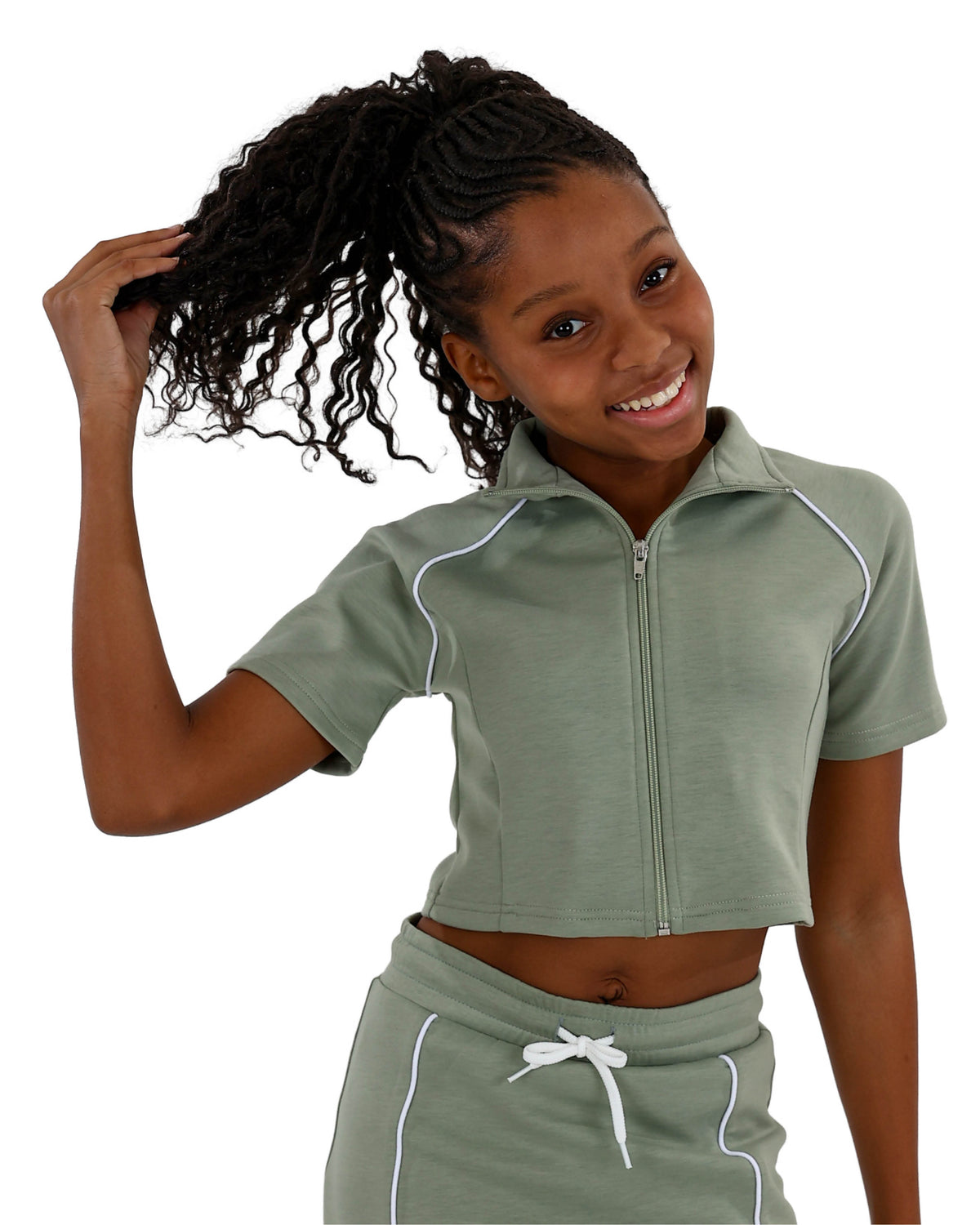 Short Sleeve Zip Up Sage Sporty Crop Top With Piping Detail