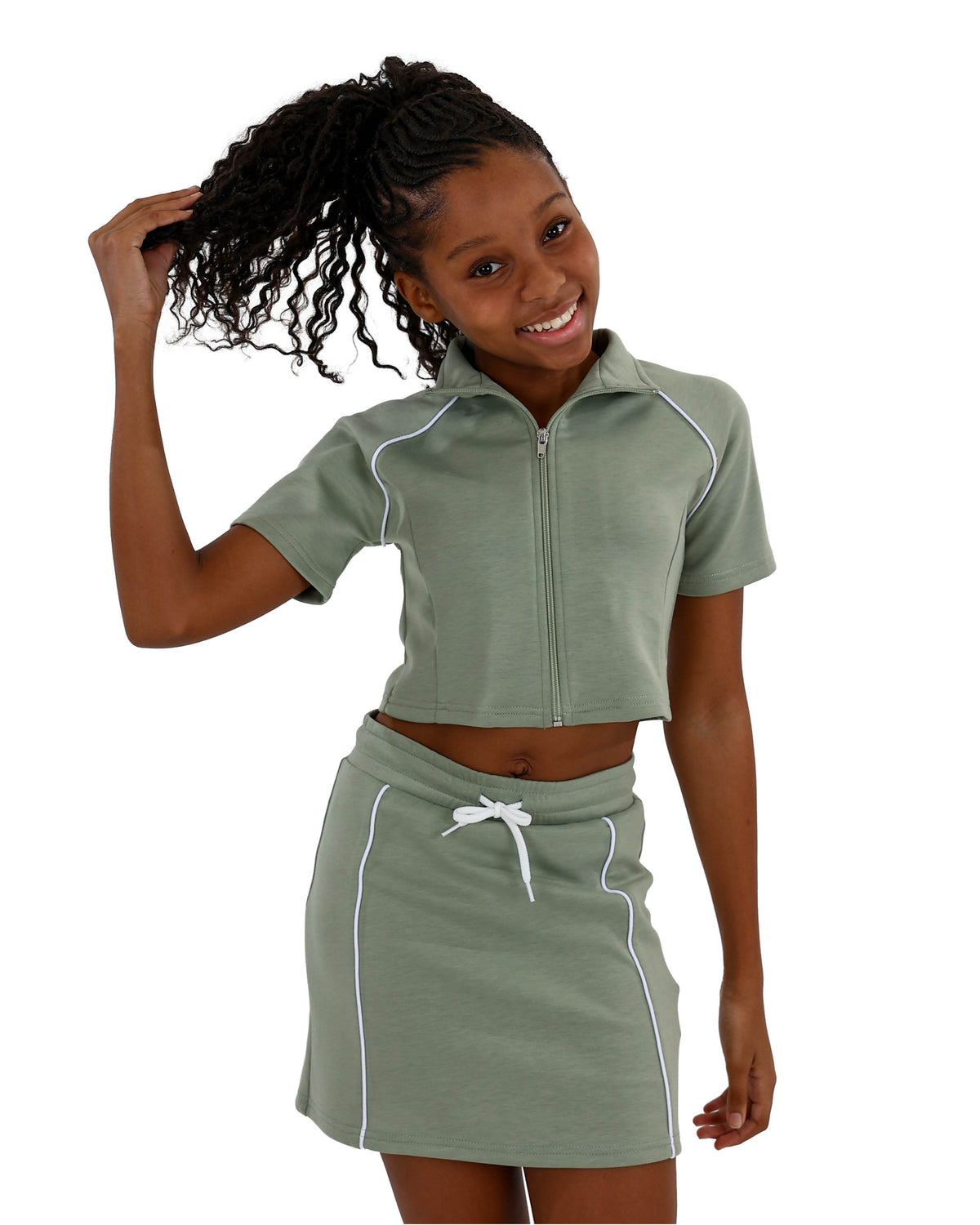 Sage Sporty Mini Skirt With Piping Details