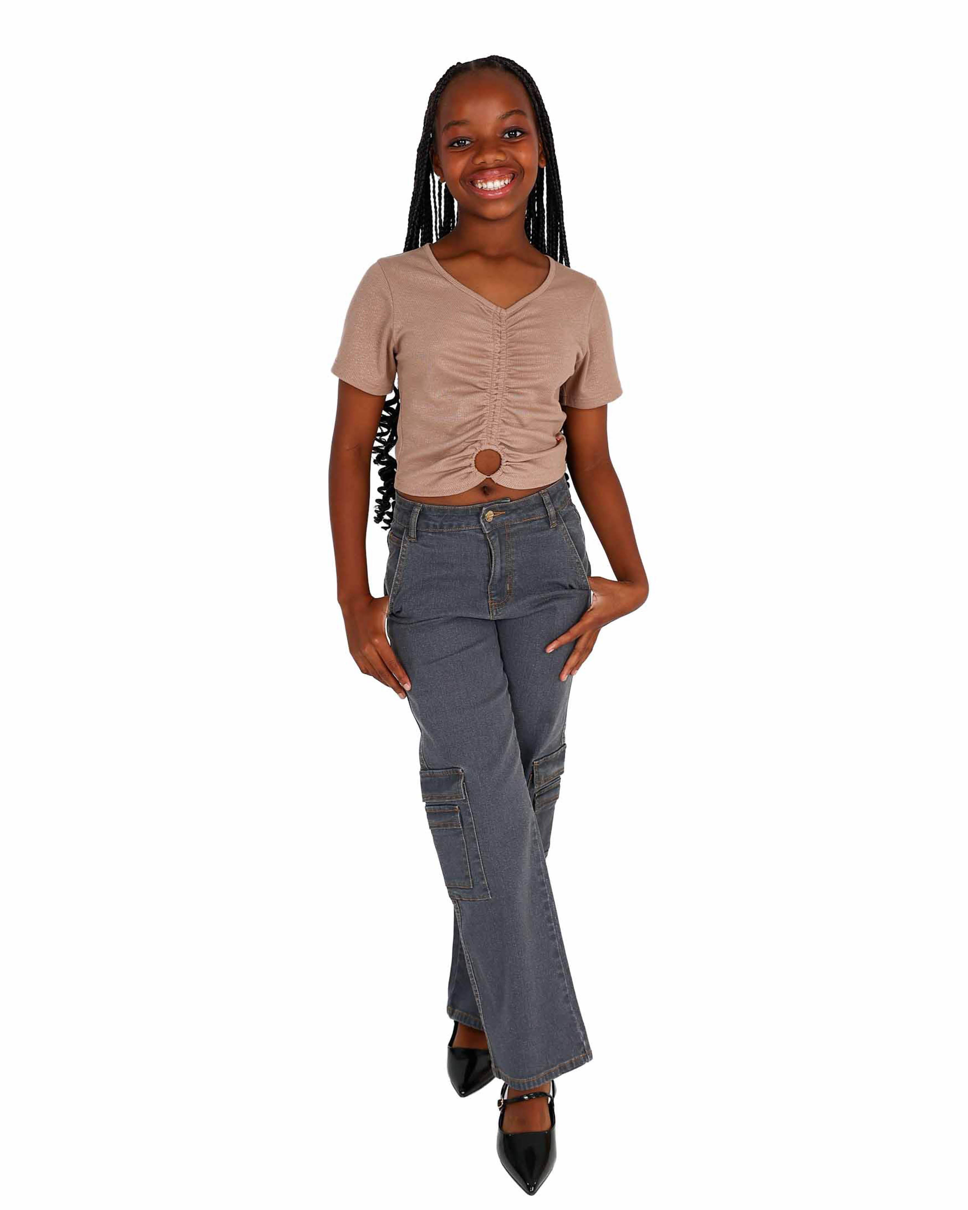 Short Sleeve Taupe Metal Trim Crop Top