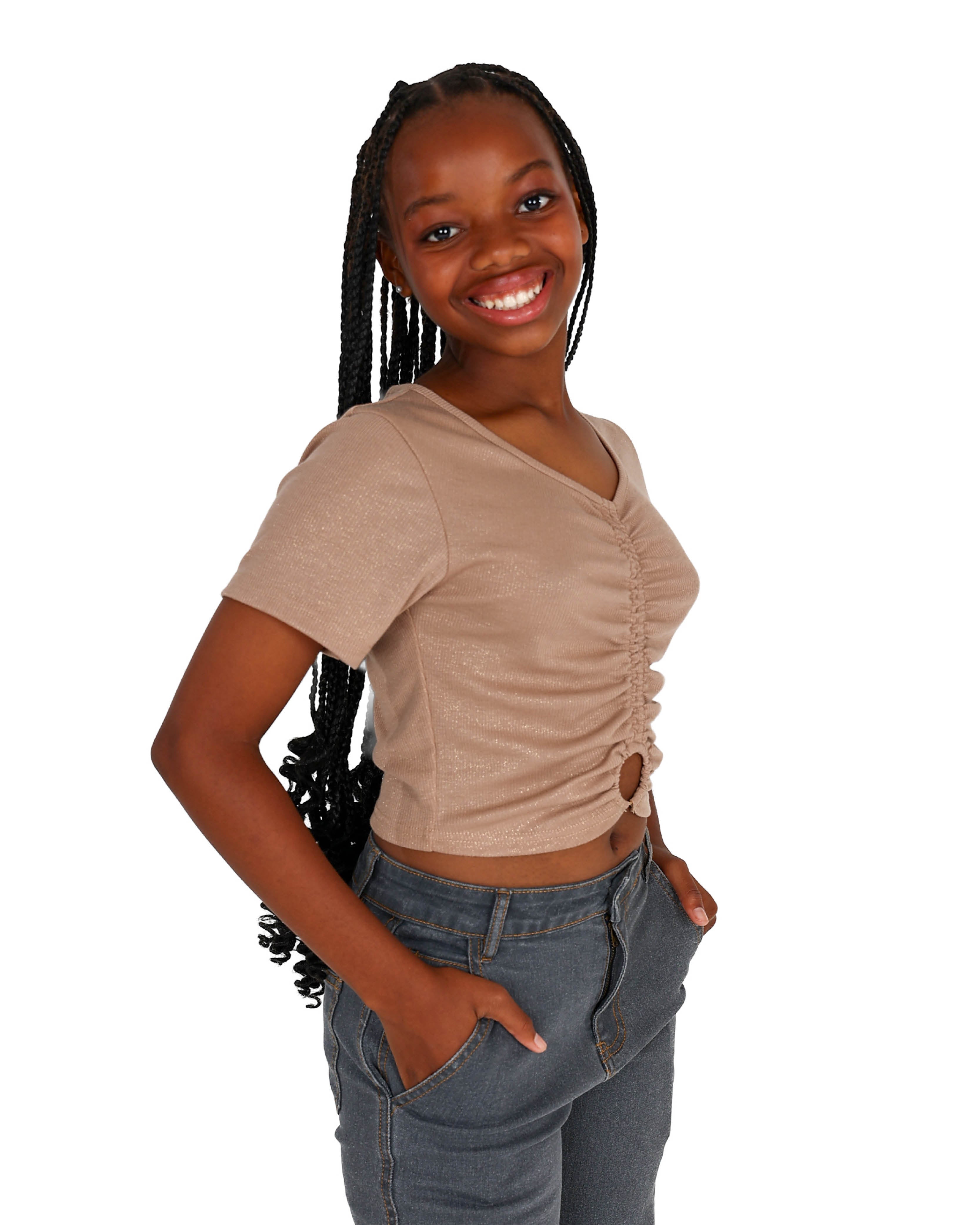 Short Sleeve Taupe Metal Trim Crop Top