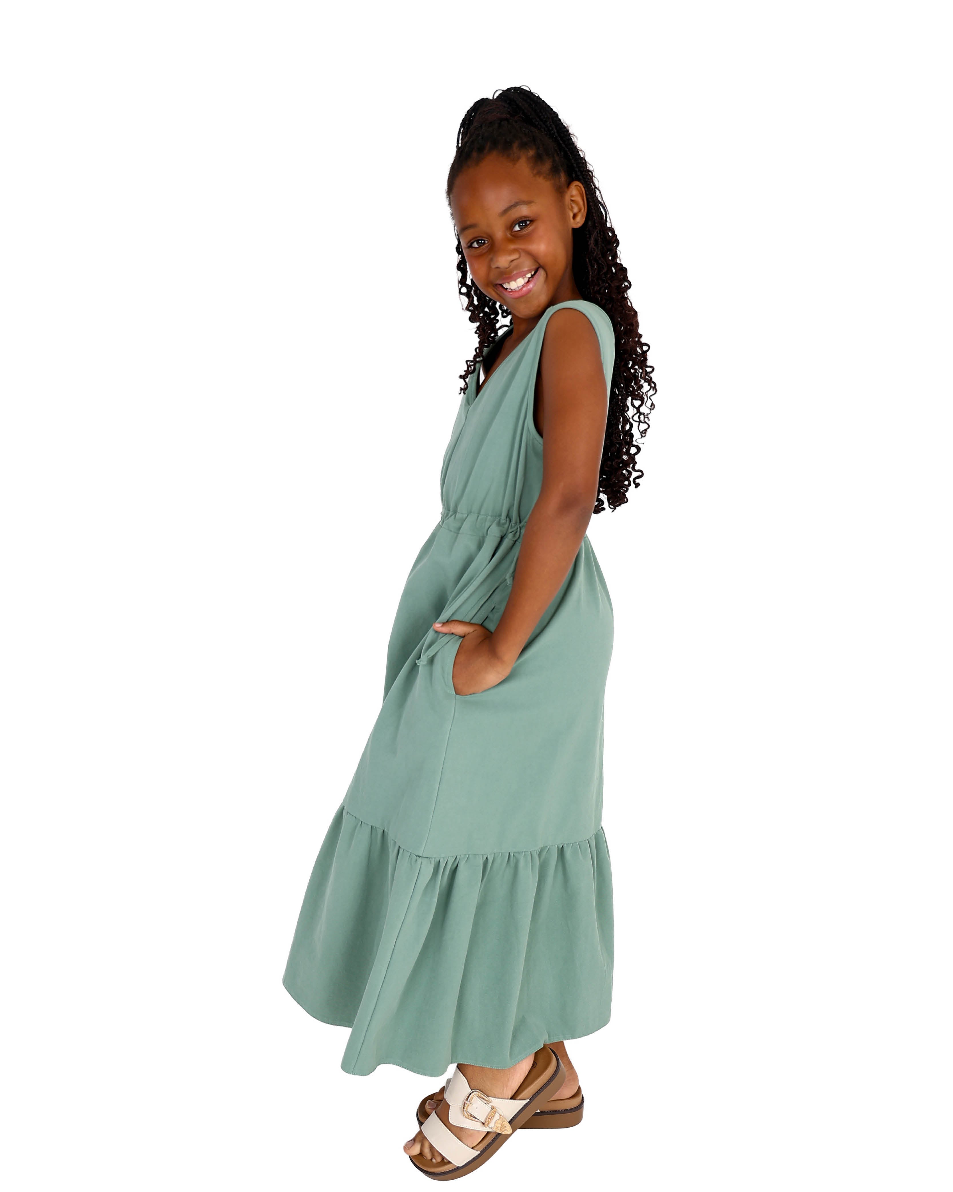 Sleeveless Green Elasticated Waist Dress