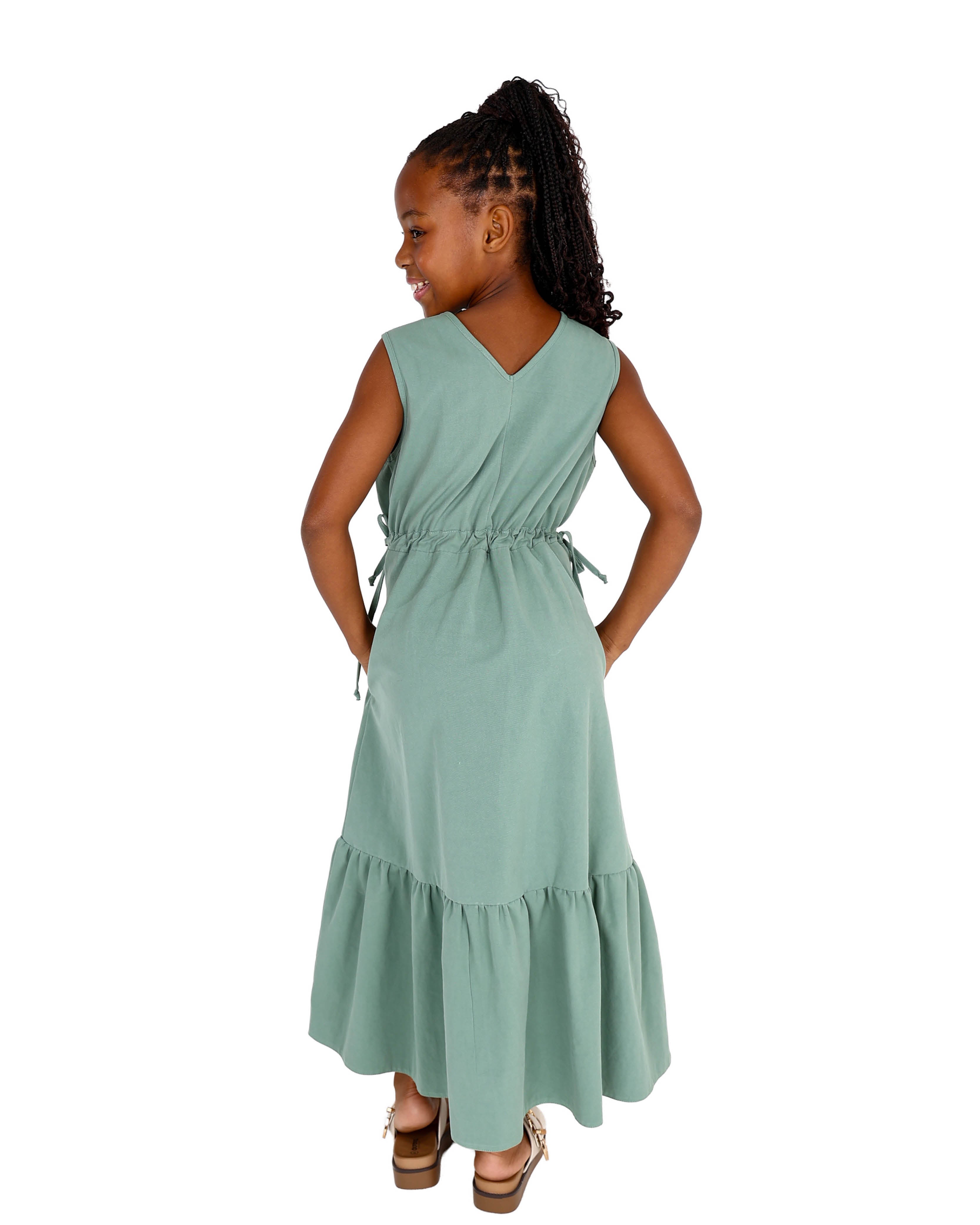 Sleeveless Green Elasticated Waist Dress