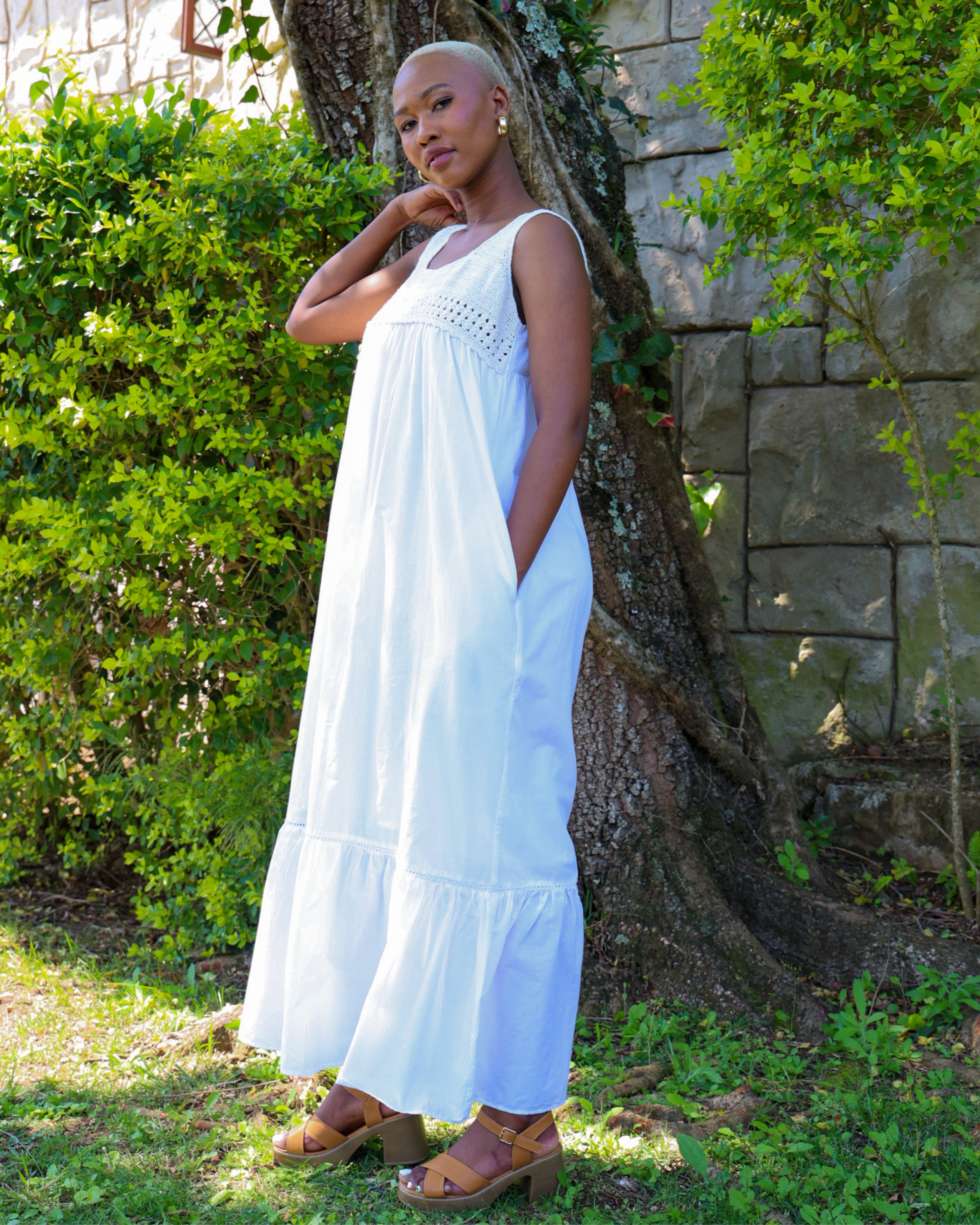 Cotton Crochet Yoke Maxi Dress