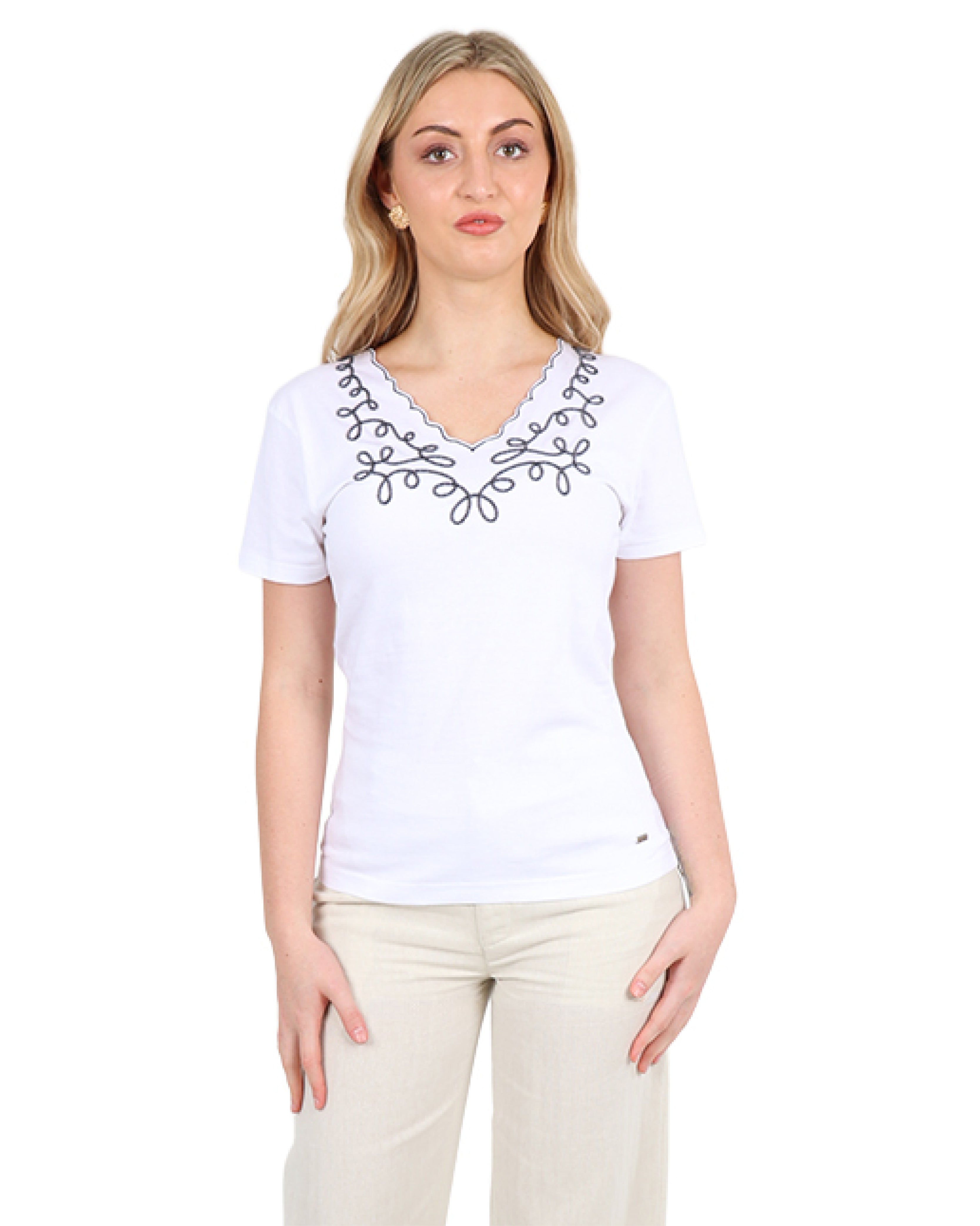 Short Sleeve Petal Embroidered Neckline T-Shirt