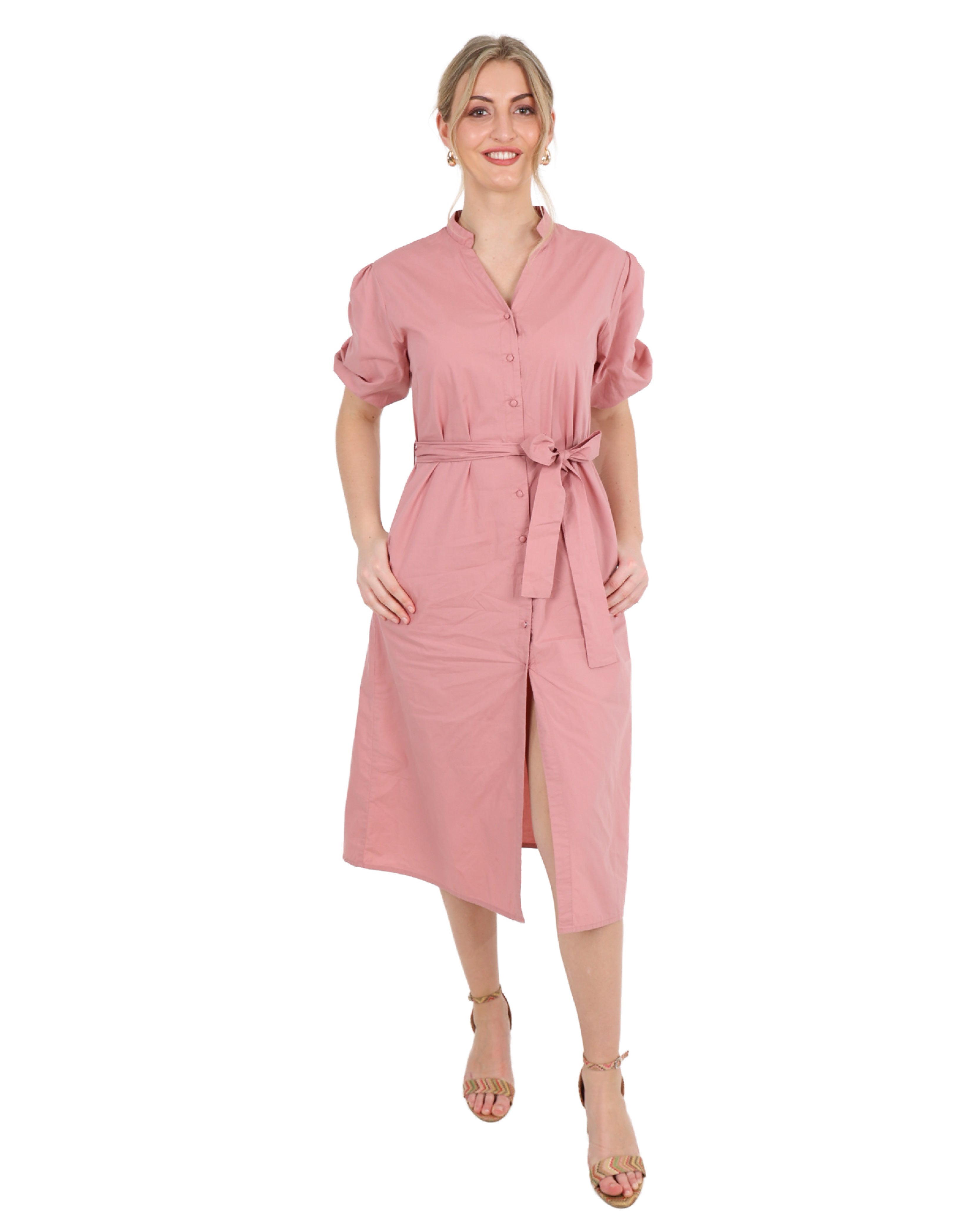 Short Puff Sleeve Blushwood Cotton Midi Shirt Dress