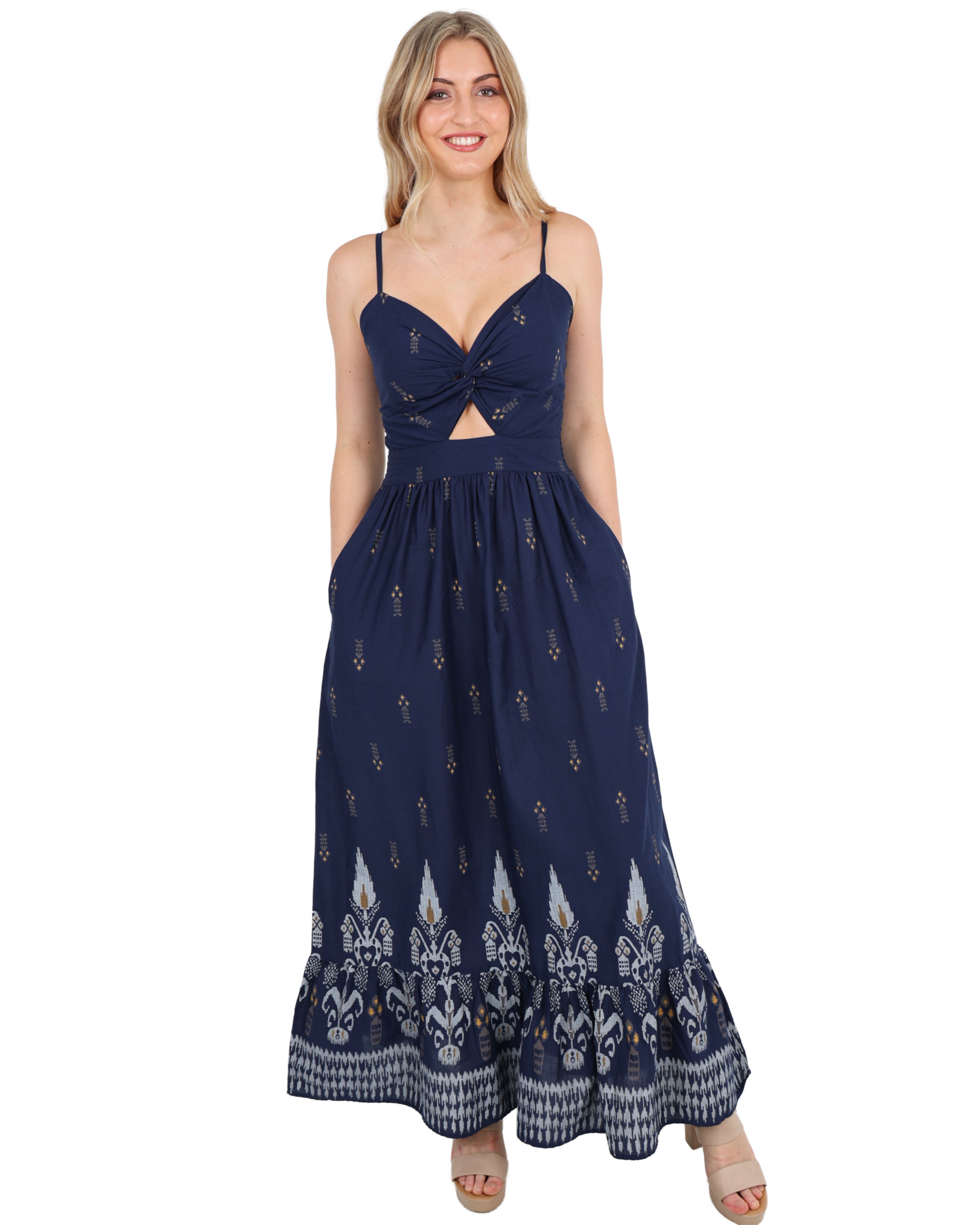Strappy Azure Border Cotton Maxi Dress