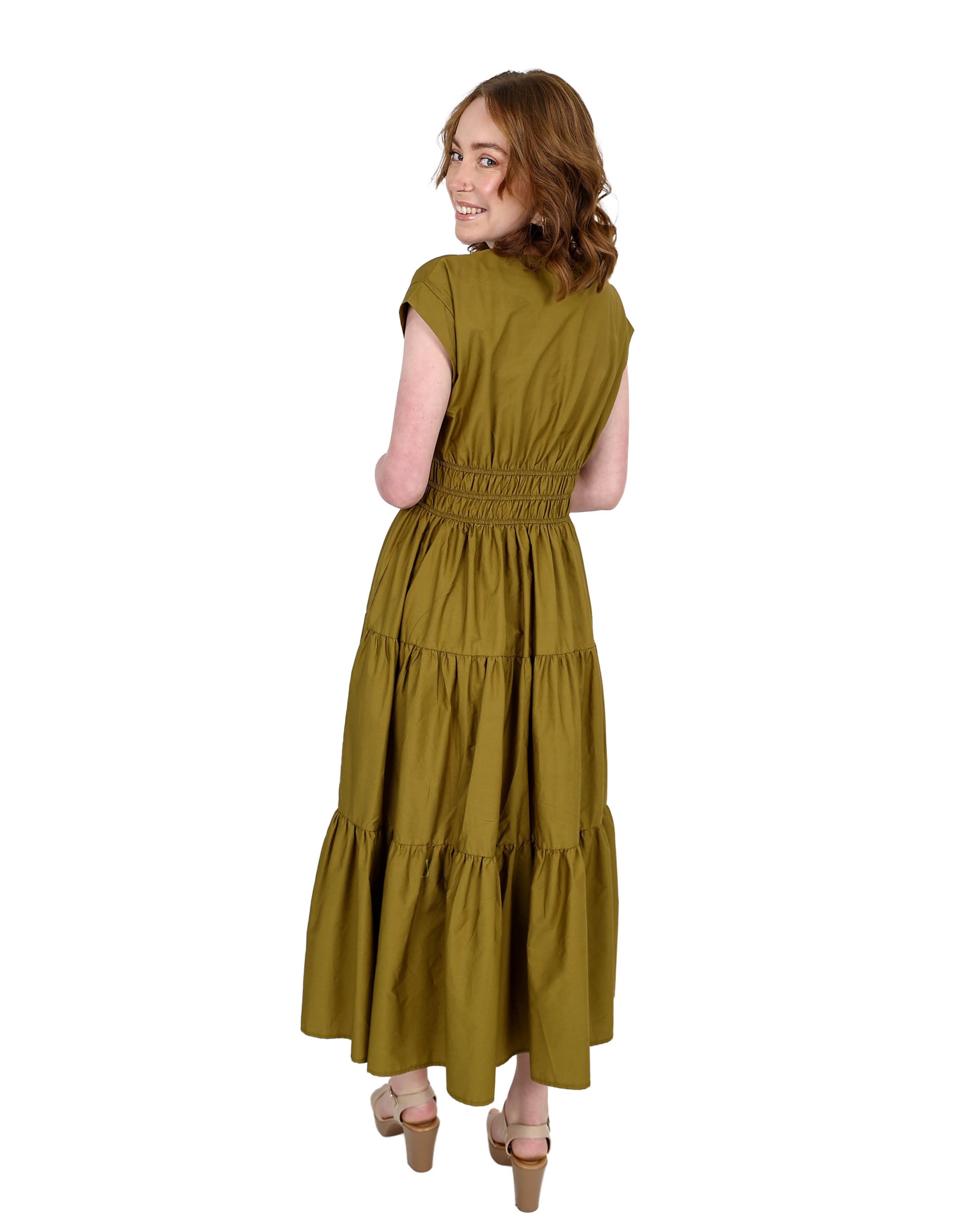 Graceful Olive Cap Sleeve Cotton Maxi Tiered Dress