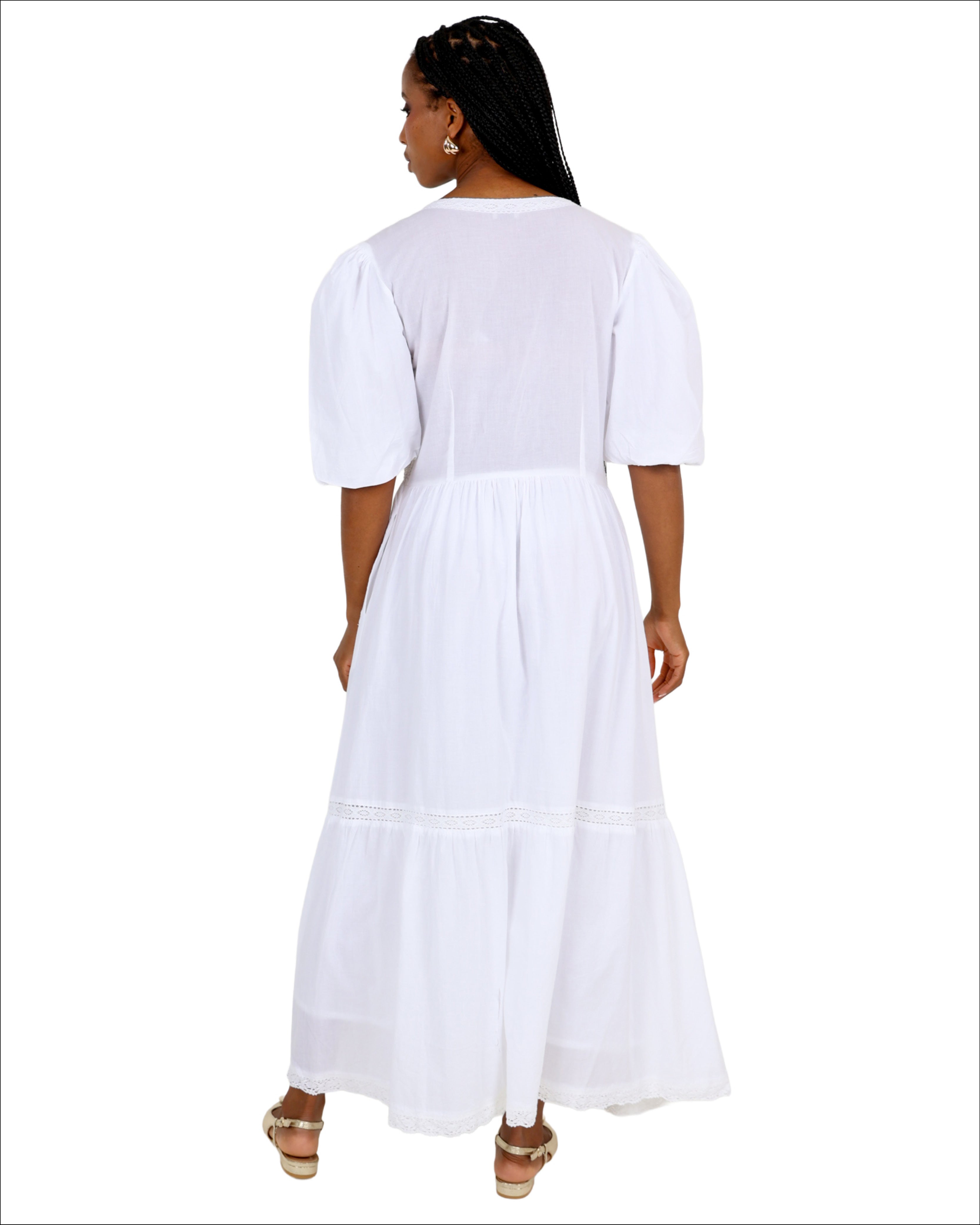 Whispering Lace Puff Sleeve Cotton Maxi Dress