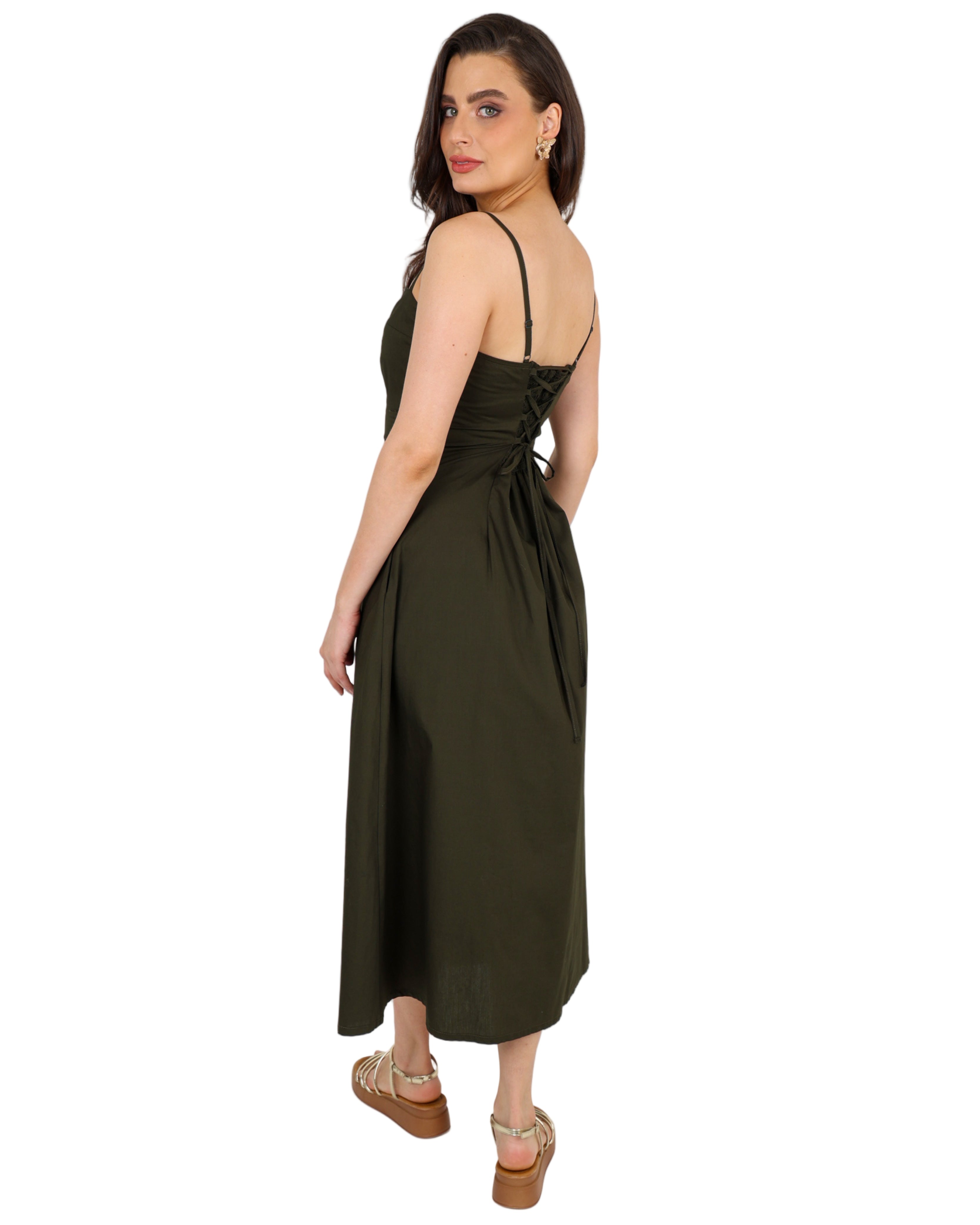 Back Lace Up Midi Cotton Flared Dress