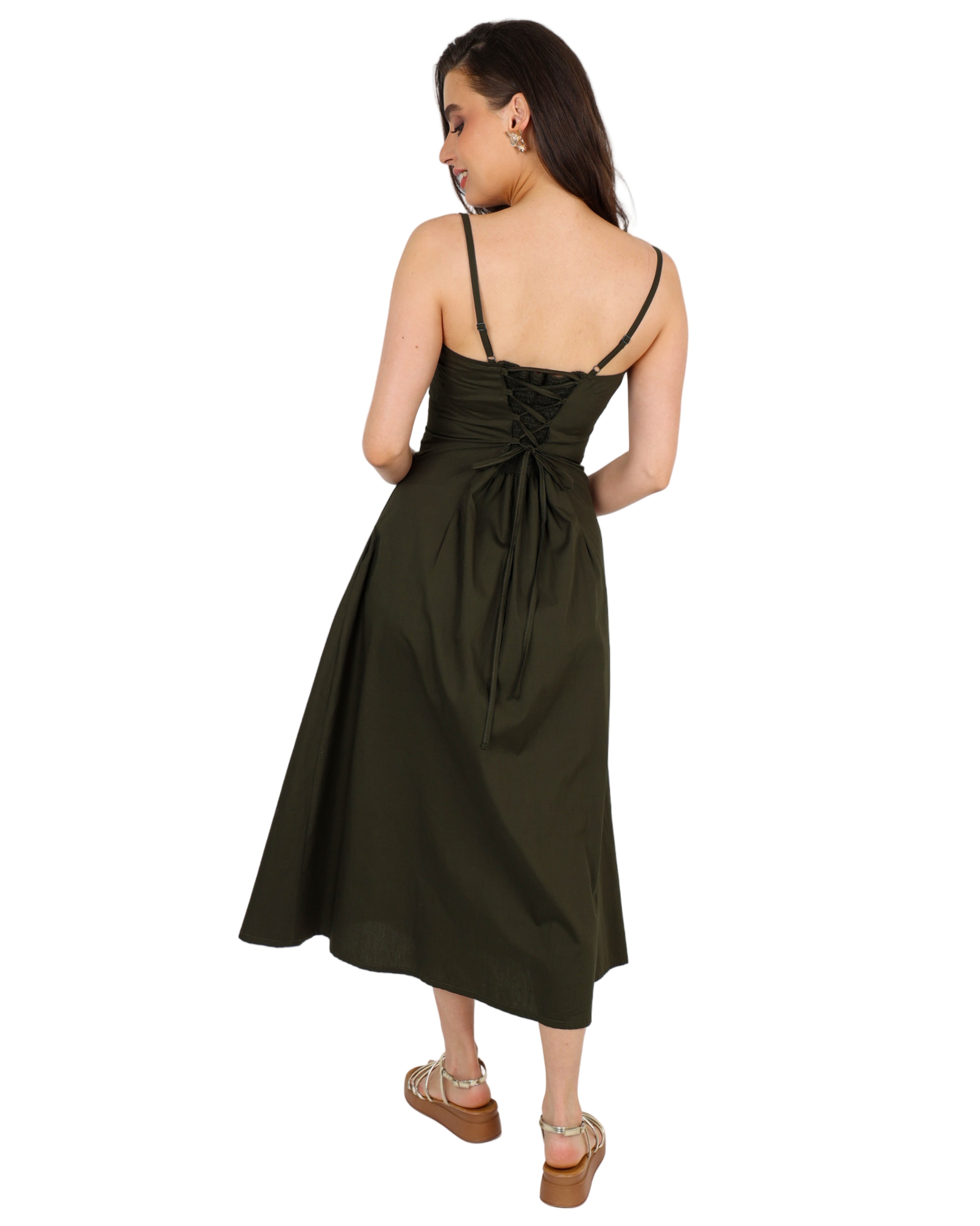 Back Lace Up Midi Cotton Flared Dress