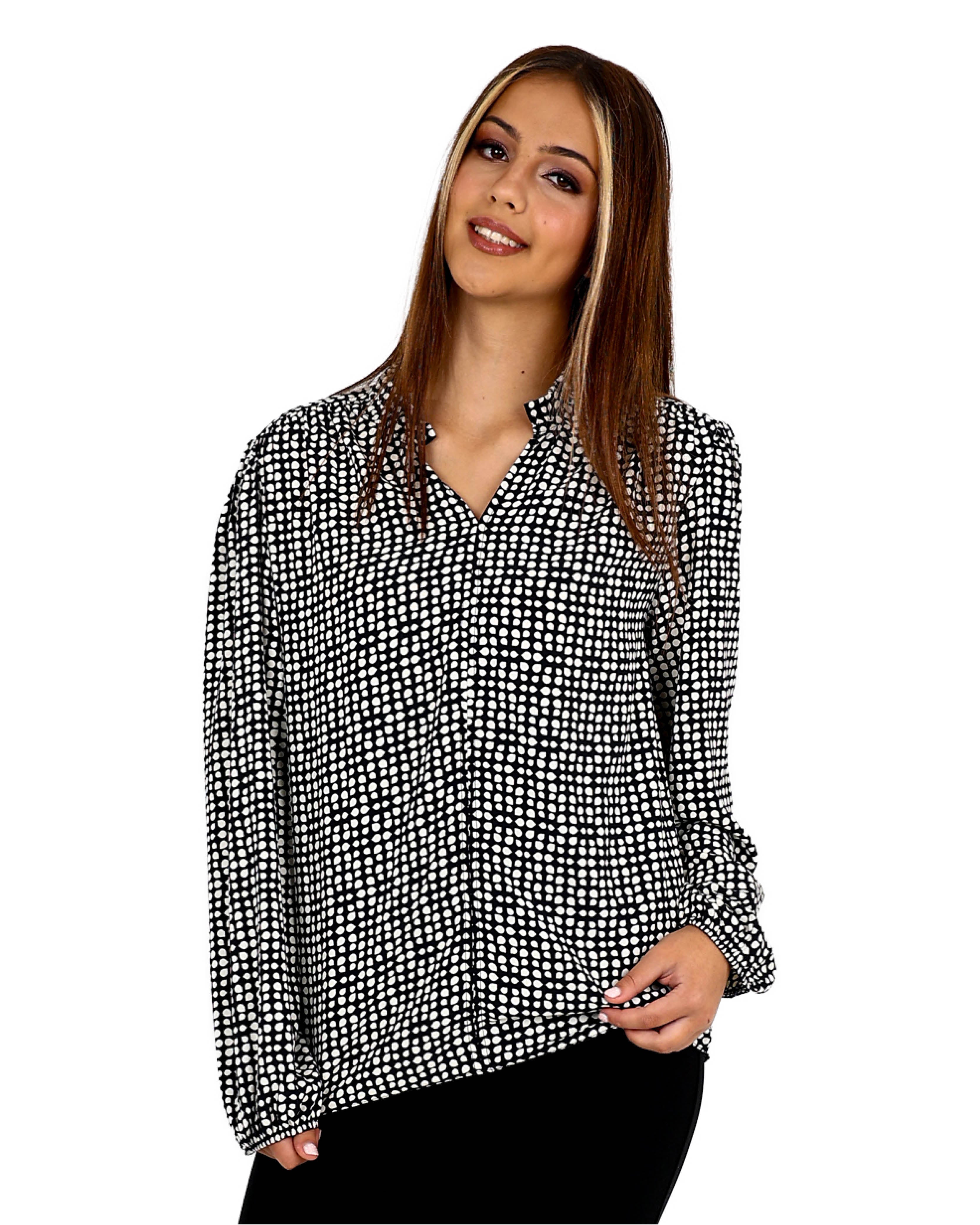 Long Sleeve Henley Geometric Black Blouse
