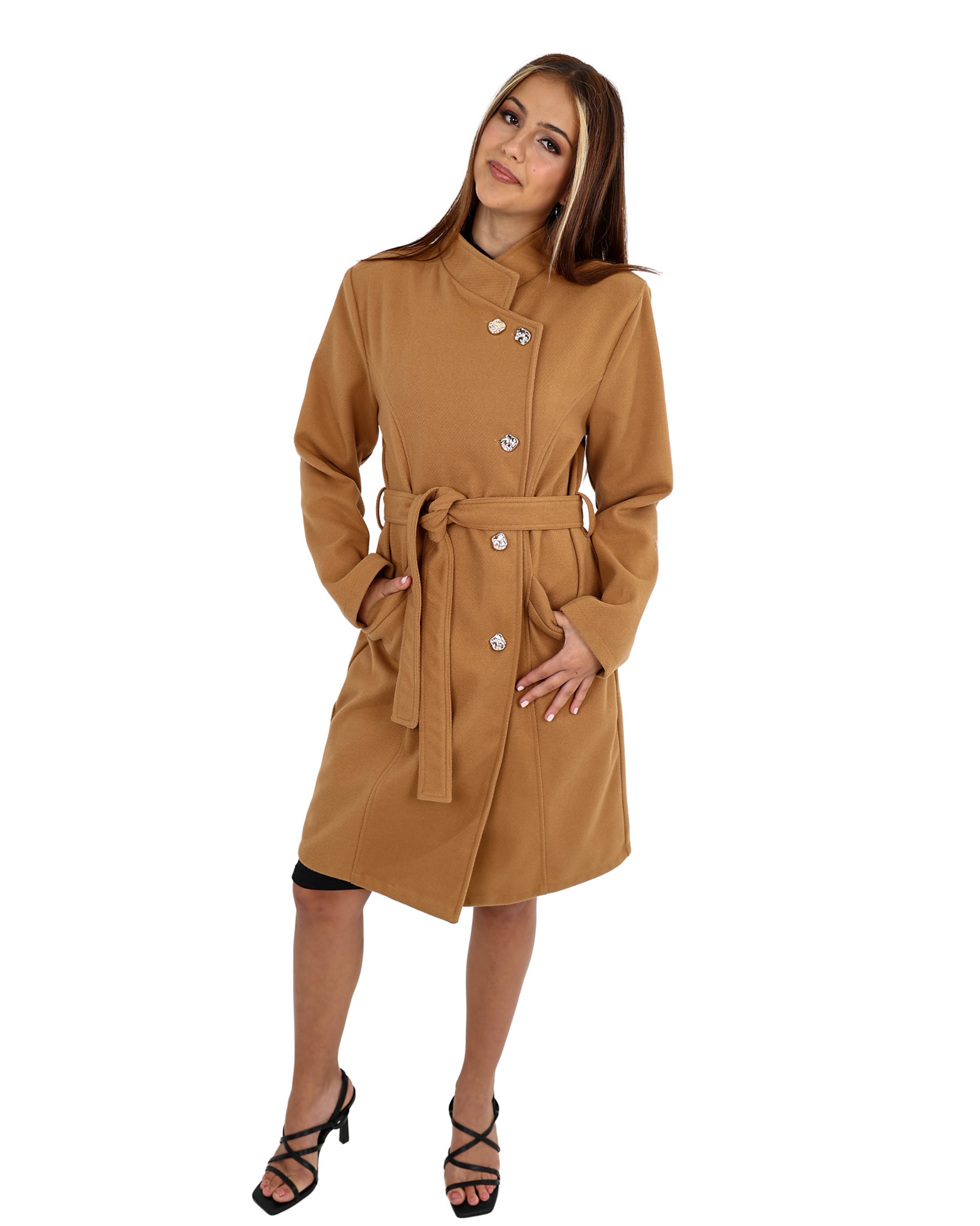 Stone Button Up Belted Wrap Coat