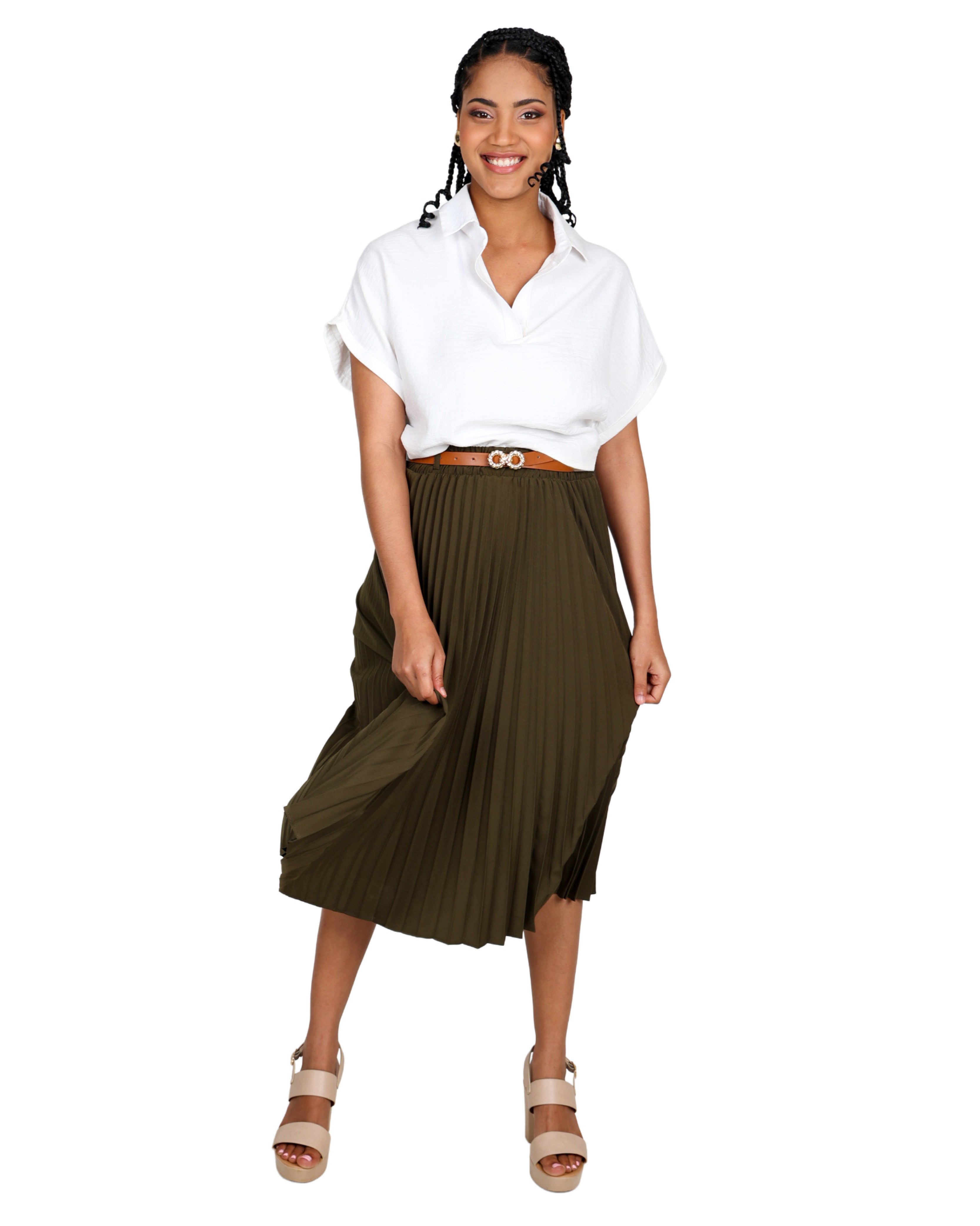 Olive Pleated Midi Skirt with Belt