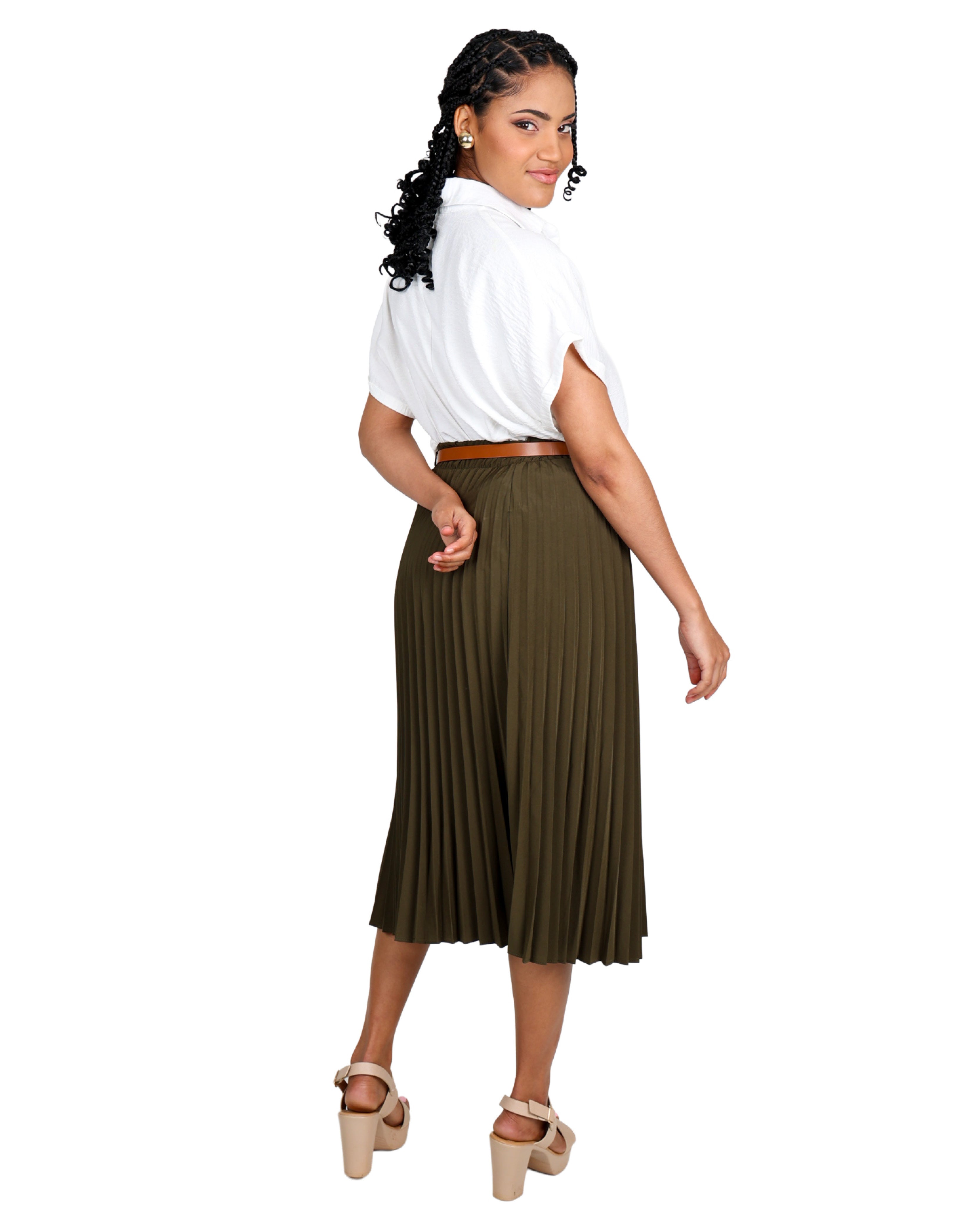 Olive Pleated Midi Skirt with Belt