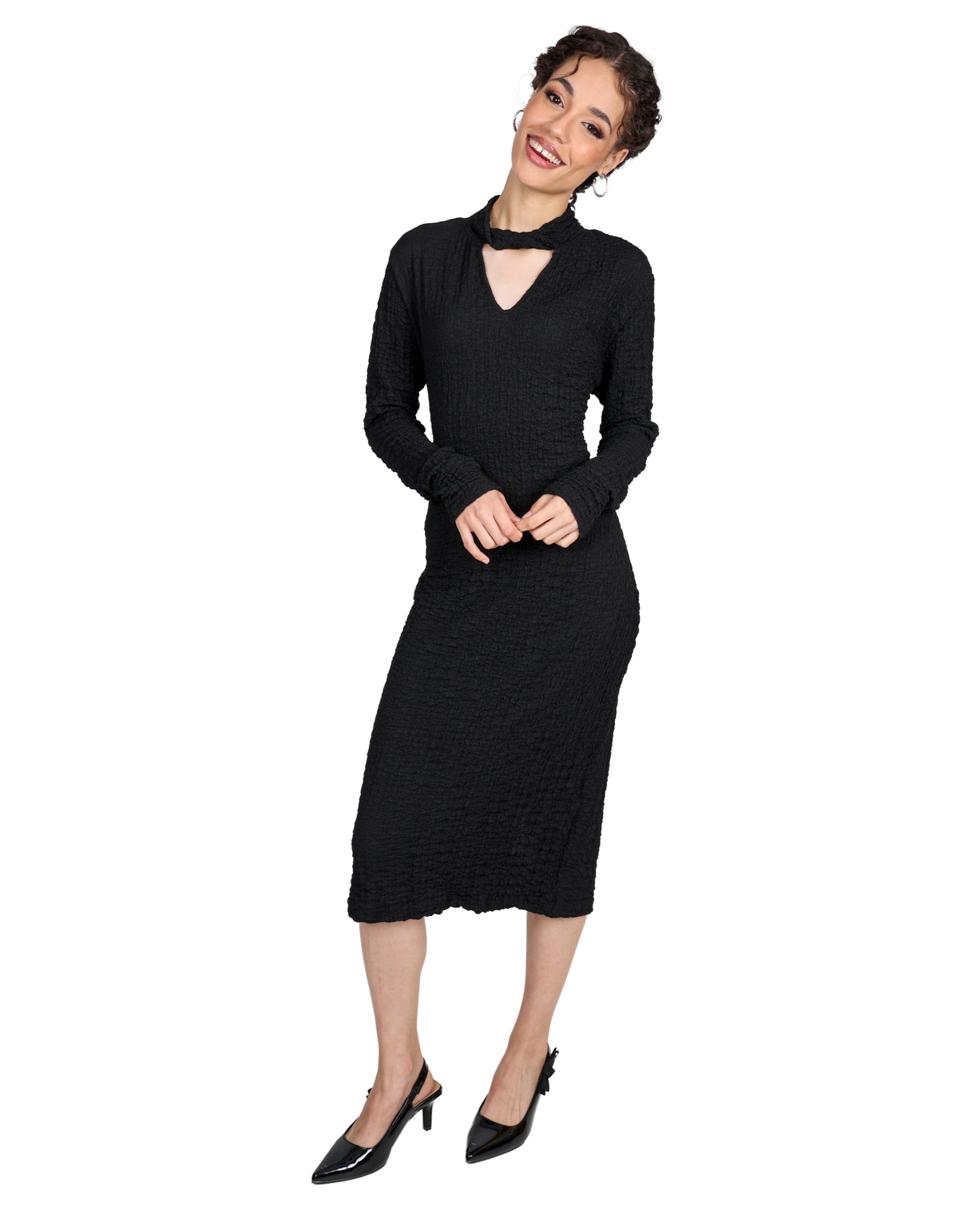 Long Sleeve Textured Midi Dress
