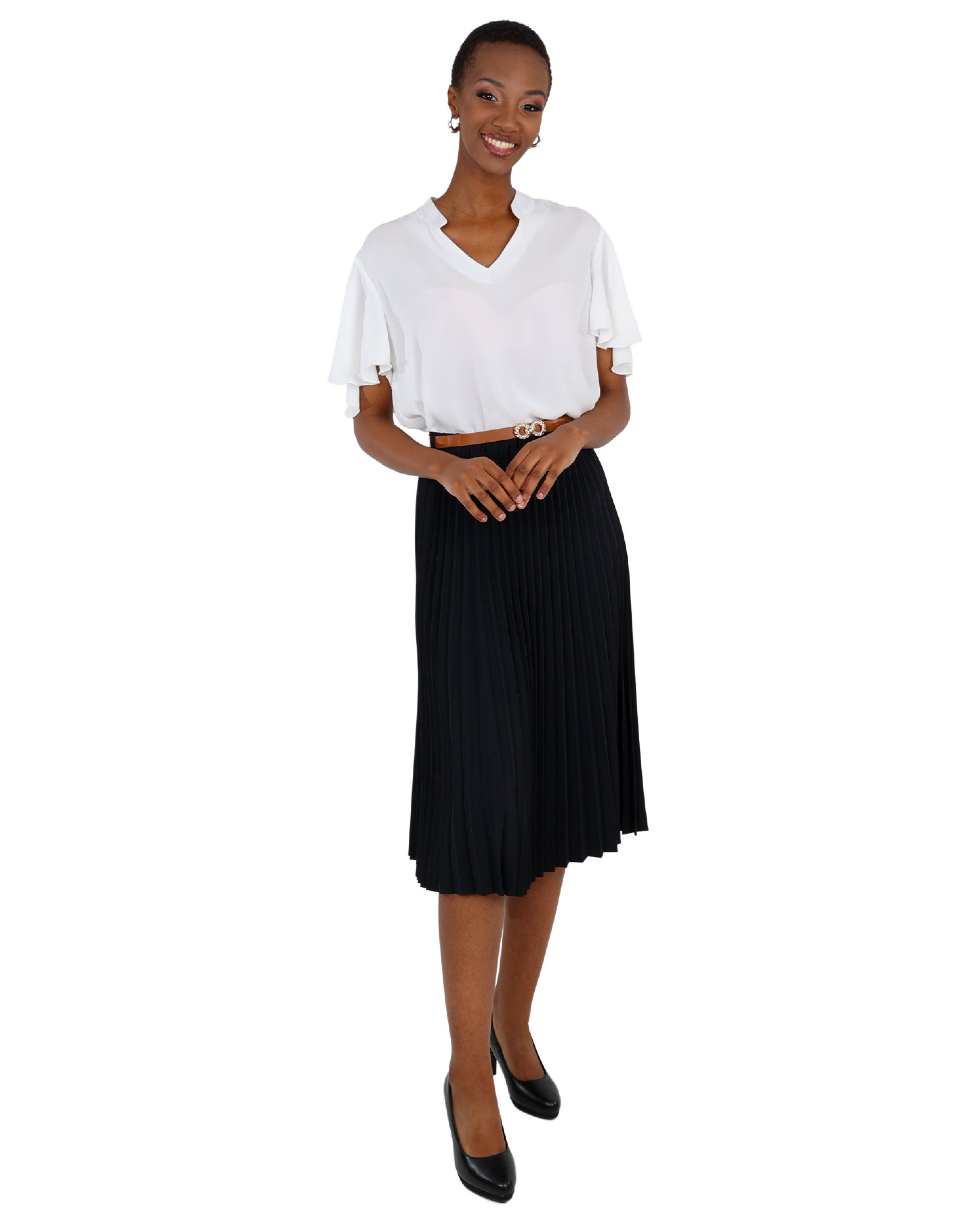 Black Pleated Midi Skirt with Belt