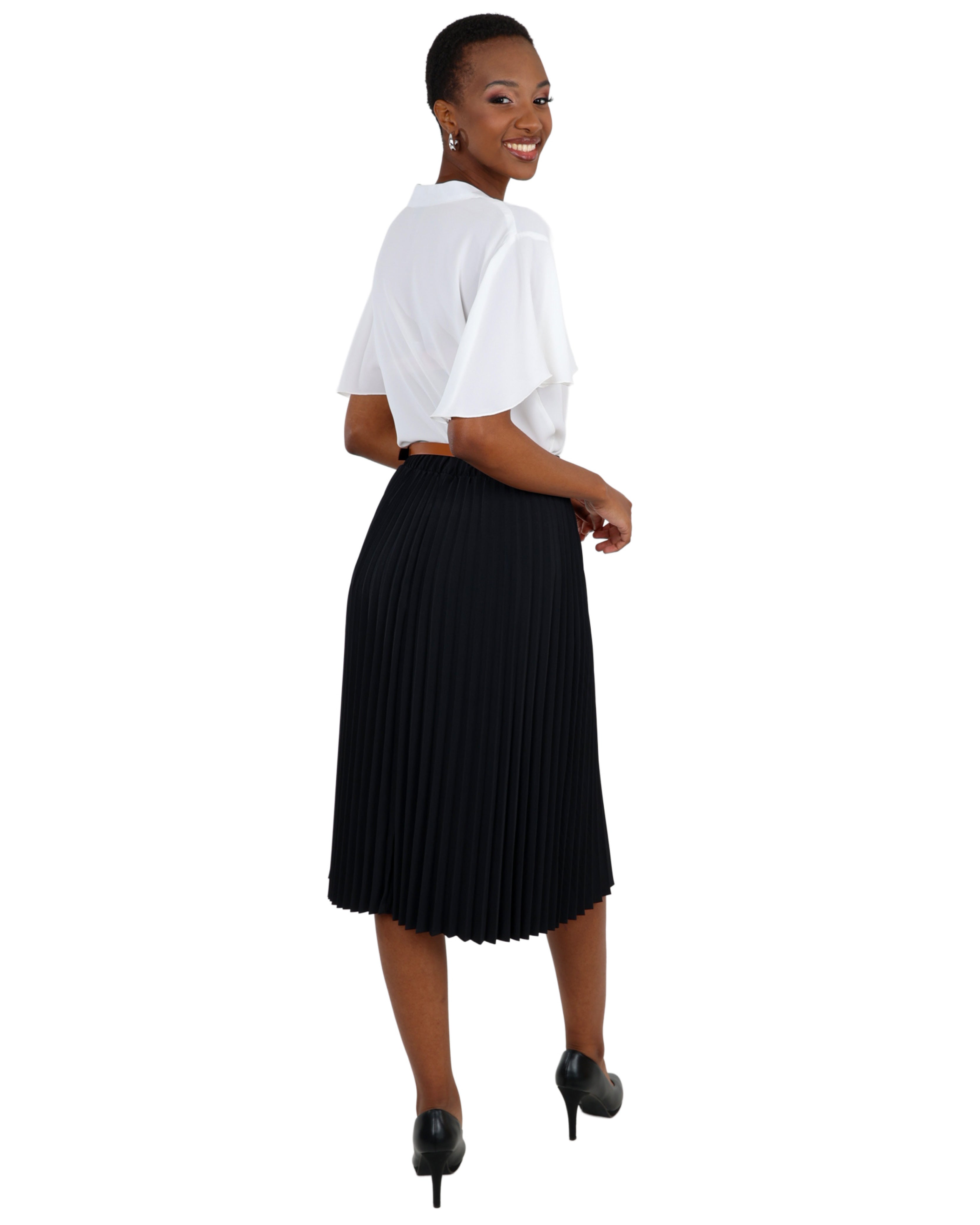 Black Pleated Midi Skirt with Belt