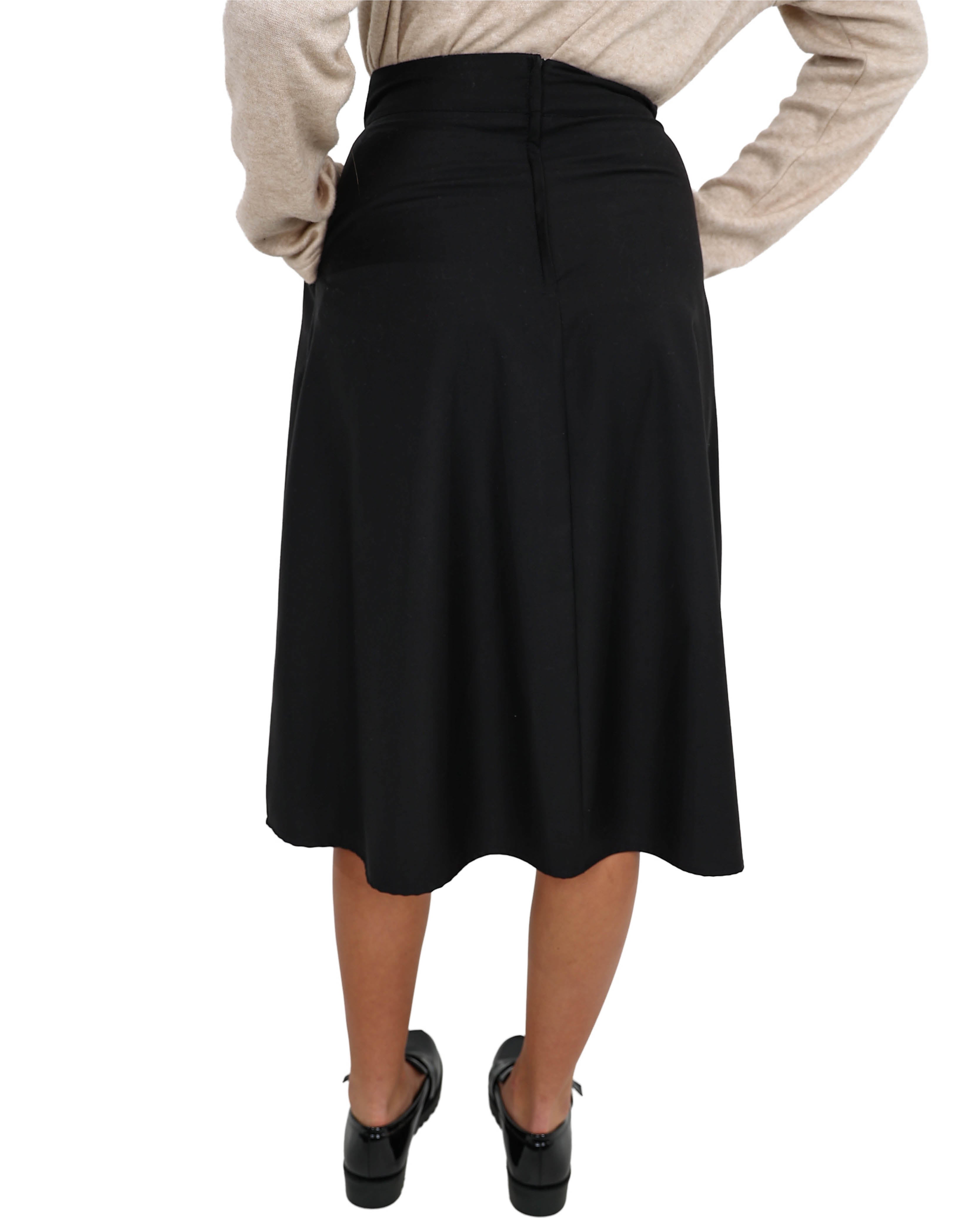 Black Flat Pleat Midi Skirt