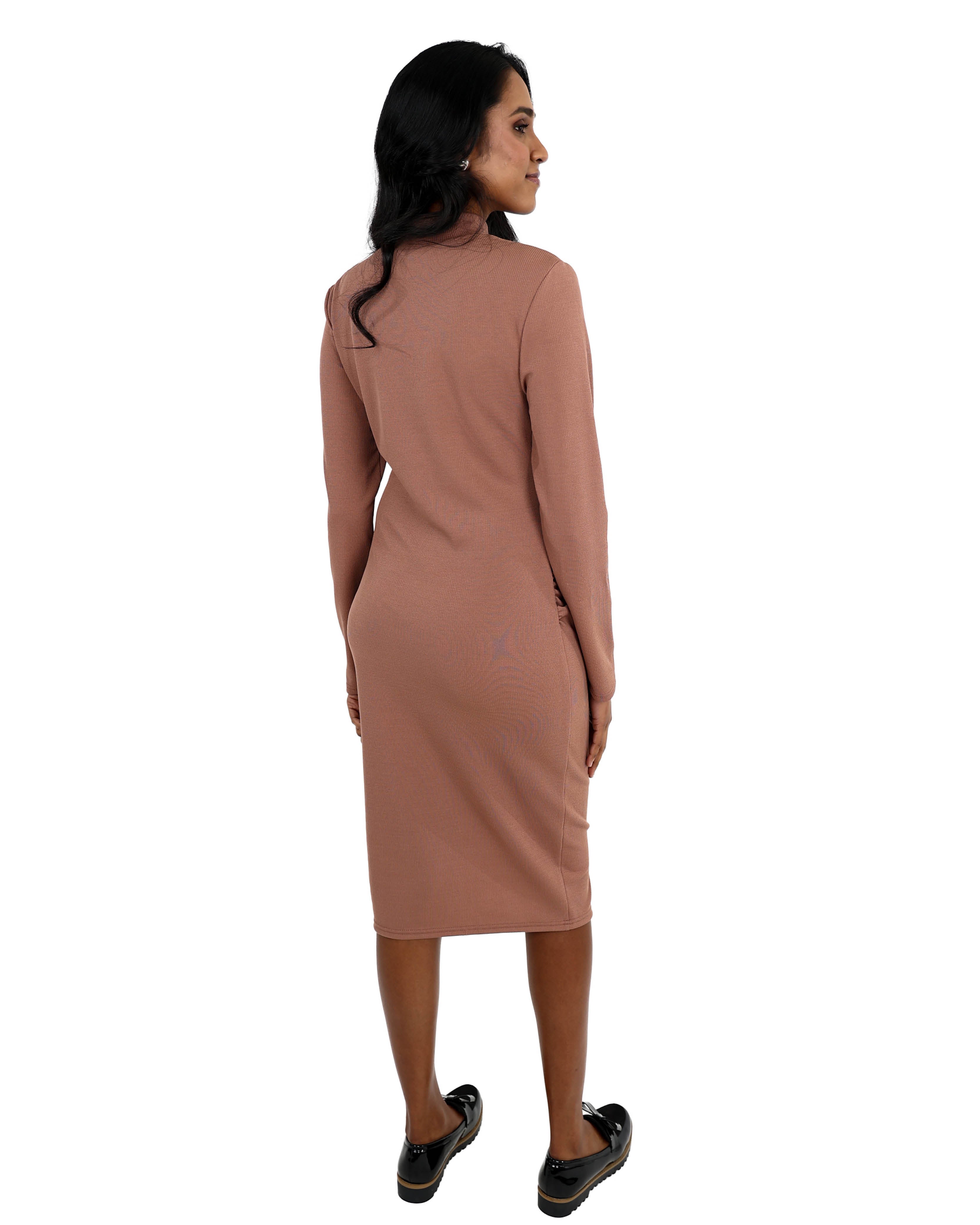 Brown Side Ruched Long Sleeve Ribbed Midi Dress