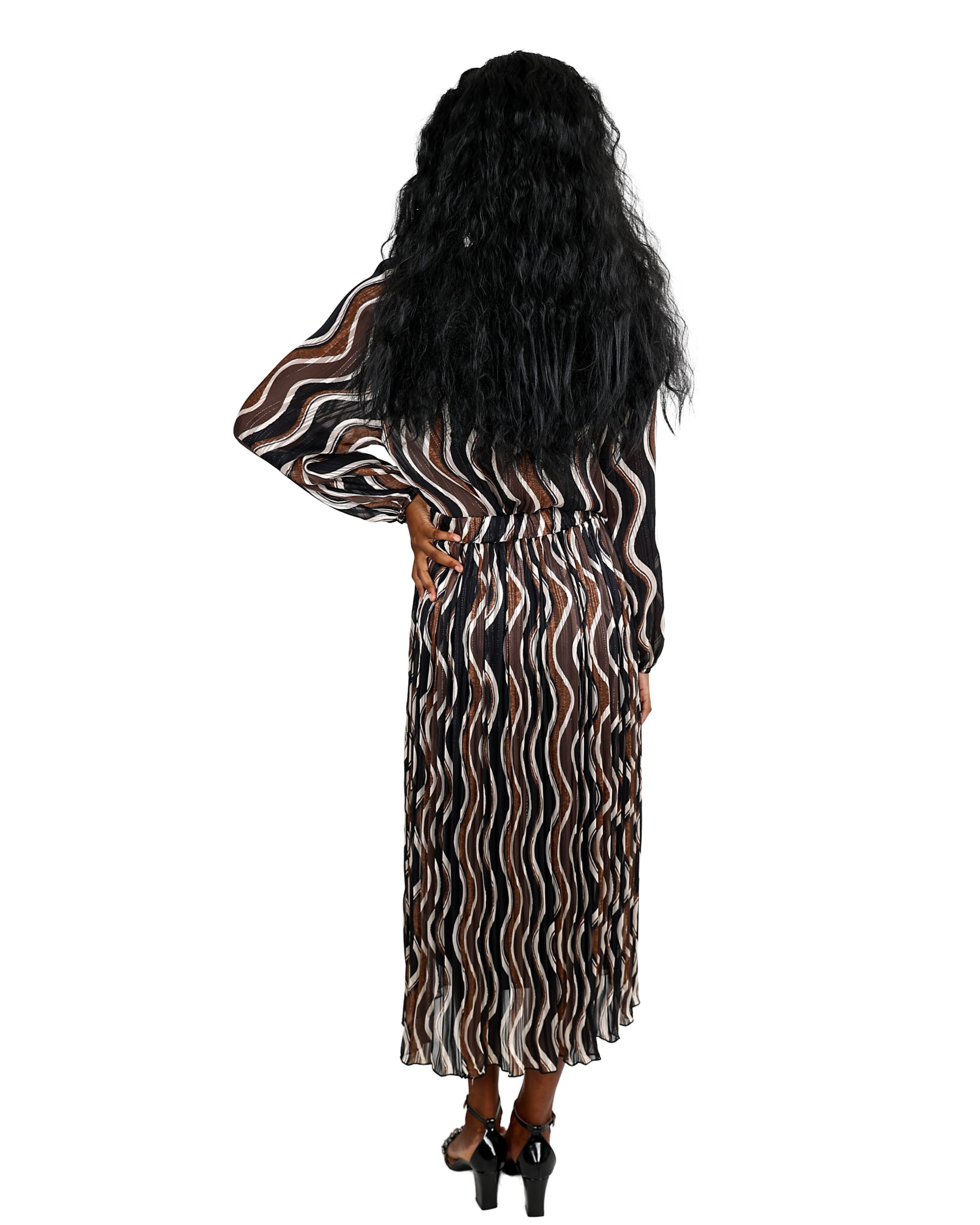 Brown Printed Pleated Lurex Maxi Skirt